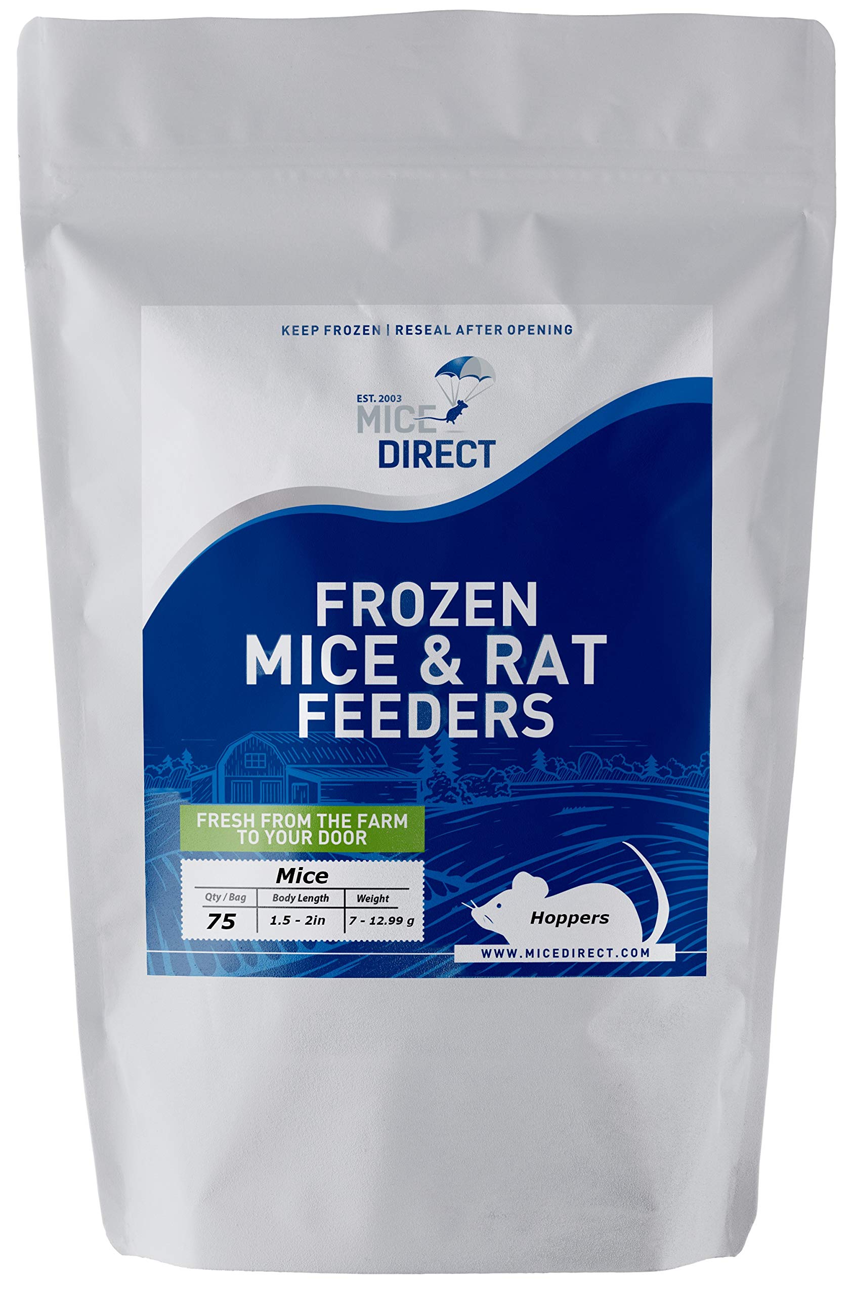 Frozen Hopper Mice (1.5-2 inch) - Premium Snake Food for Baby Ball Pythons & Red Tail Boas - 75 Count (525g) - Perfect for Reptile Feeding & Training