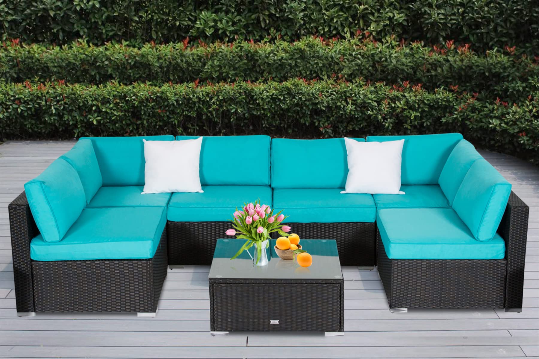 Premium Outdoor Sectional Sofa Set - 7-Piece PE Rattan Wicker Patio Furniture with Glass Table & Cushions - Turquoise Conversation Set for Porch, Balcony, Garden, Poolside - Perfect for Relaxing, Entertaining & Outdoor Dining