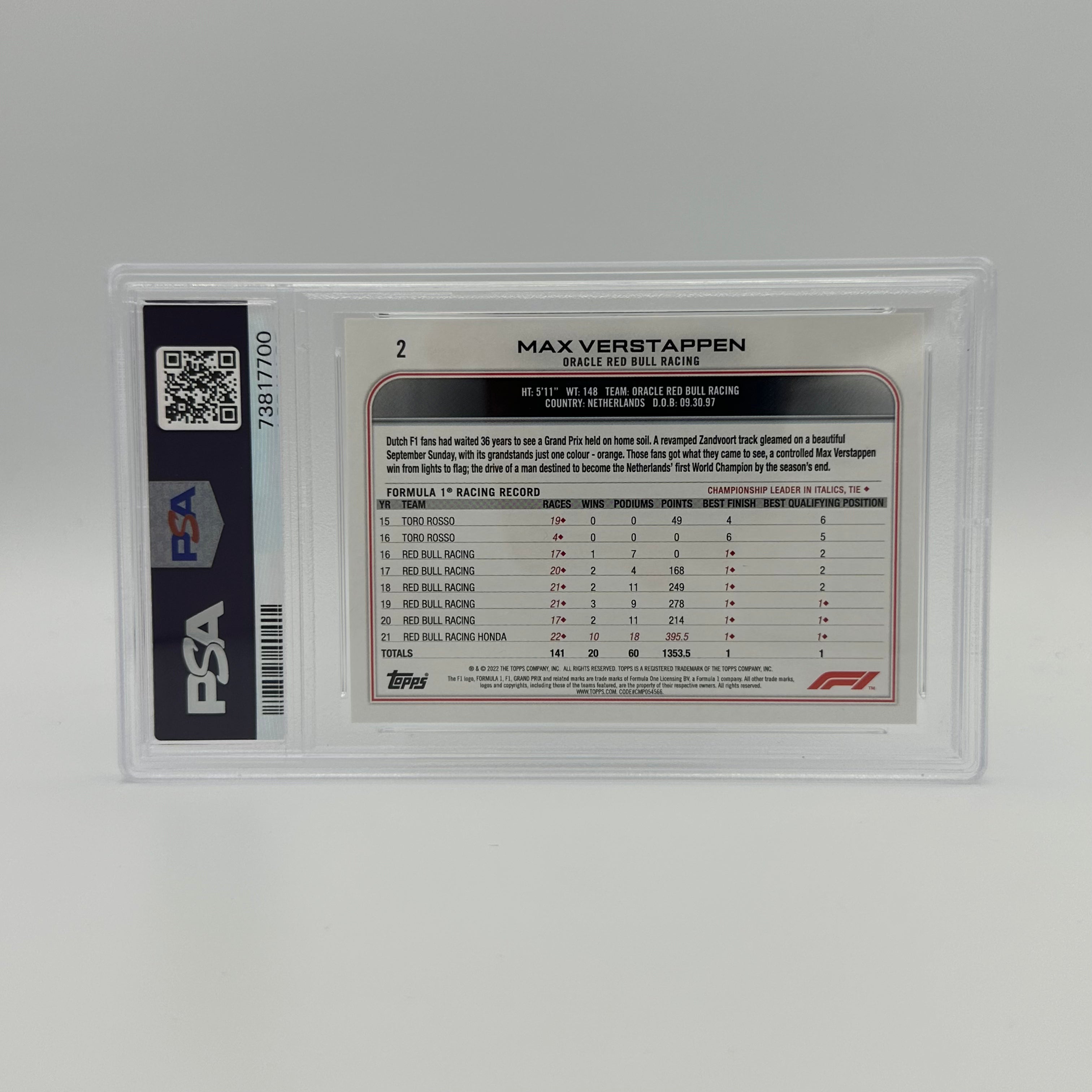 PSA 9 Graded MAX VERSTAPPEN #2 SP Trading Card - Perfect for Collectors, Sports Memorabilia Enthusiasts & Formula 1 Fans