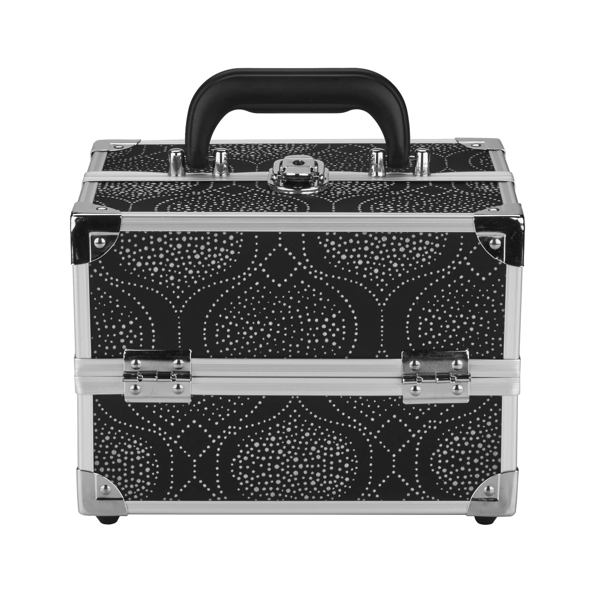 Conair Makeup Beauty Case - Black Print Cosmetic Organizer with Expandable Shelves & Locking Latch | Travel-Friendly Makeup Storage for London SOHO & New York Style | Perfect for Home, Travel & Professional Makeup Artists