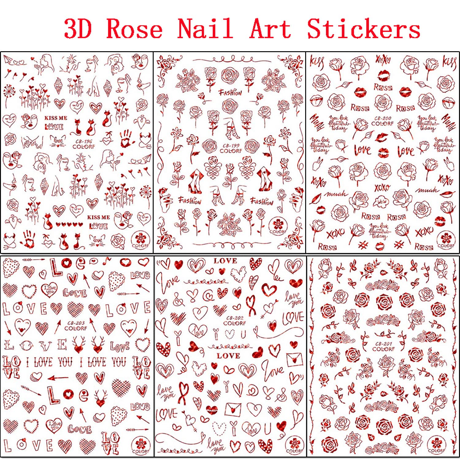 3D Rose Flower Nail Art Stickers - Self-Adhesive Floral Nail Decals with Red Roses, Hearts & Lips Design for Women & Girls | Perfect for Valentine's Day, Weddings, Parties & Manicure Decorations