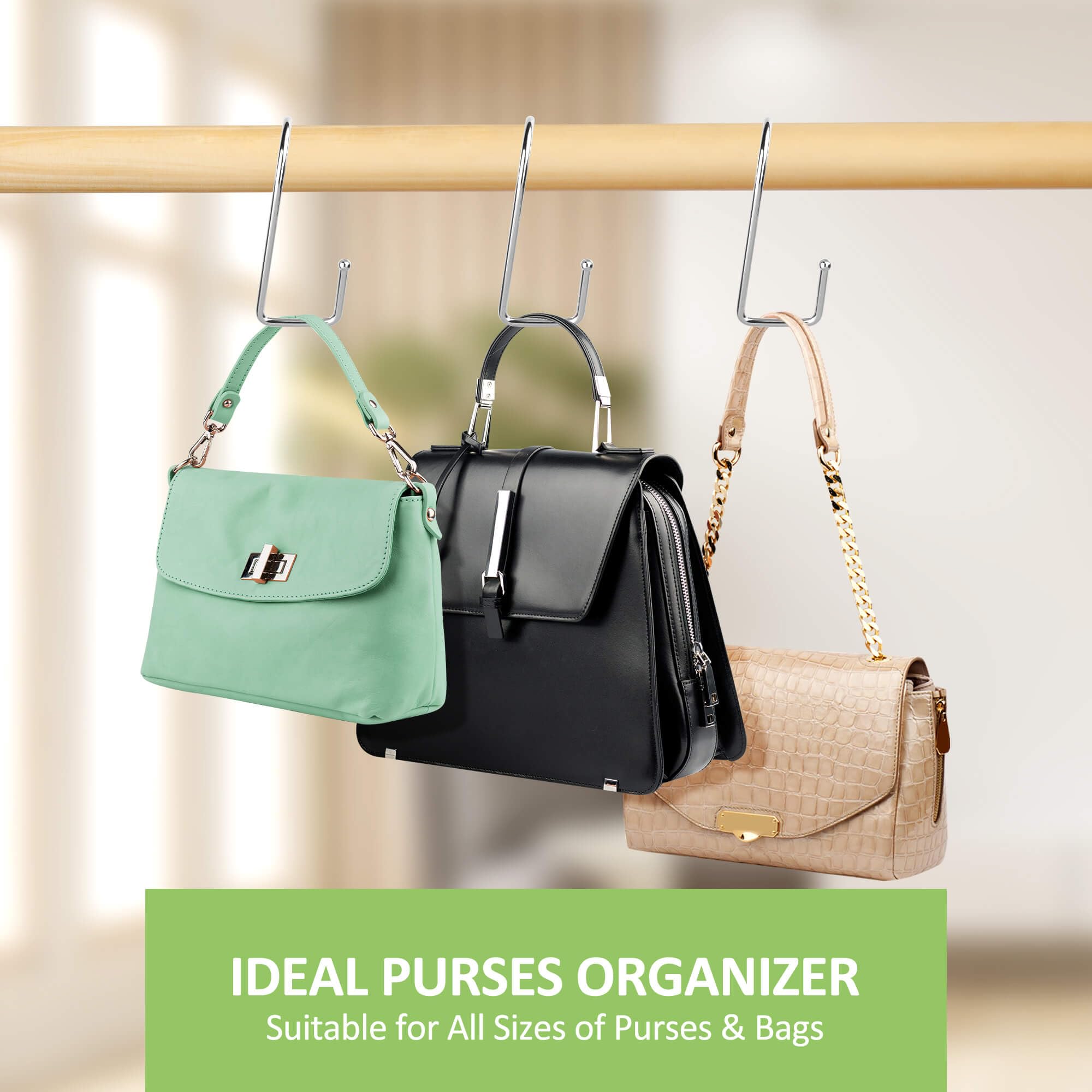 15 Pack Heavy Duty Purse Hangers for Closet - Super Sturdy Bag Hooks for Backpacks, Handbags & Accessories - Space Saving Closet Organizer & Storage Solution (Silver) - Perfect for Bedroom, Dorm, Office & Travel Organization