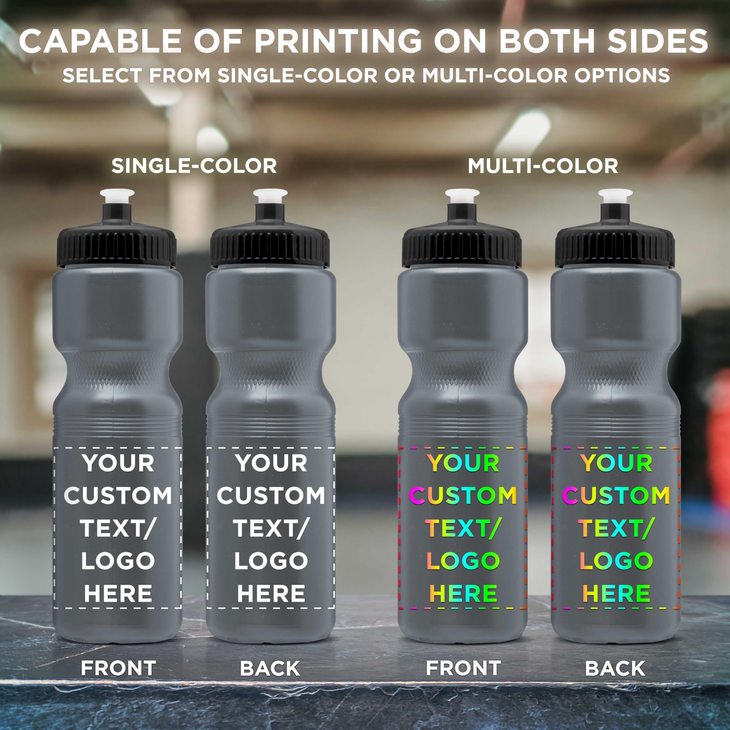 28 oz Custom Push Cap Plastic Water Bottles - Bulk Pack of 100 - Personalized Water Bottles for Gym, Hiking, Camping & Outdoor Sports - Durable & Reusable - Ideal for Team Events, Corporate Gifts & Promotional Giveaways - Silver