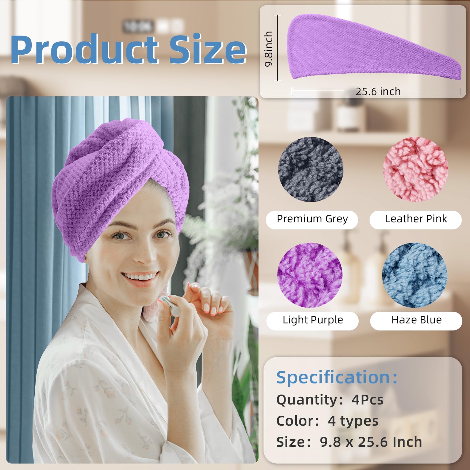 **4 Pack Hair Towel Wrap for Women - 9.8 x 25.6 Inch Microfiber Hair Turban for Wet & Curly Hair - Quick Dry Hair Towel Wrap for Long Hair - Perfect for Shower, Spa & Salon Use**