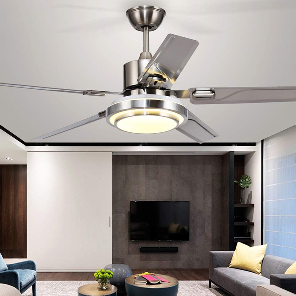 MoreChange 48 Inch Modern Ceiling Fan with LED Light Kit - 5 Blade Remote Control Chandelier Fan, 3 Speed Settings & 3 Color Temperatures, Ultra Quiet DC Motor, Stainless Steel Blades (Silver) - Perfect for Living Room, Bedroom, Dining Room and Office Spaces