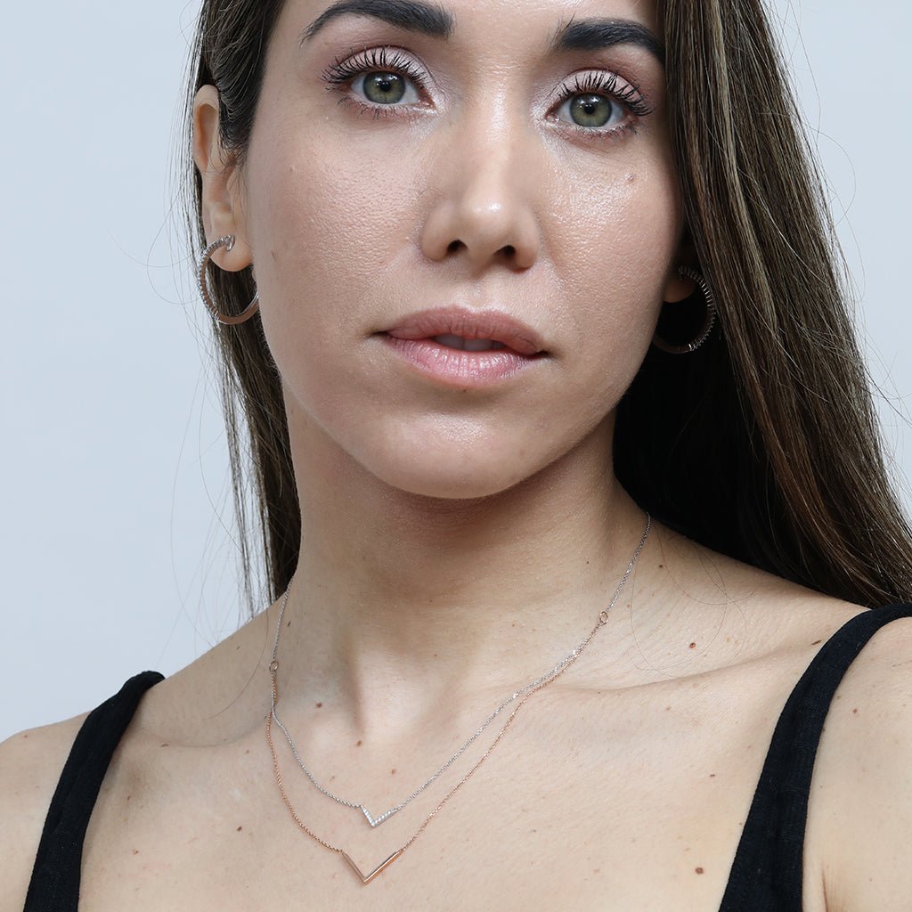 14k White Gold and Rose Gold Diamond Double Chevron Necklace - Elegant Two-Tone Jewelry for Women, Perfect for Weddings, Anniversaries & Special Occasions