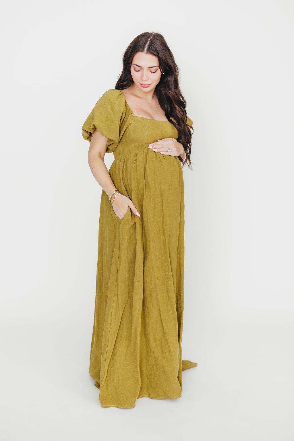 Candace Maxi Dress in Olive - 100% Linen Bump Friendly Maternity Dress for Women - Perfect for Summer, Beach, and Casual Outings