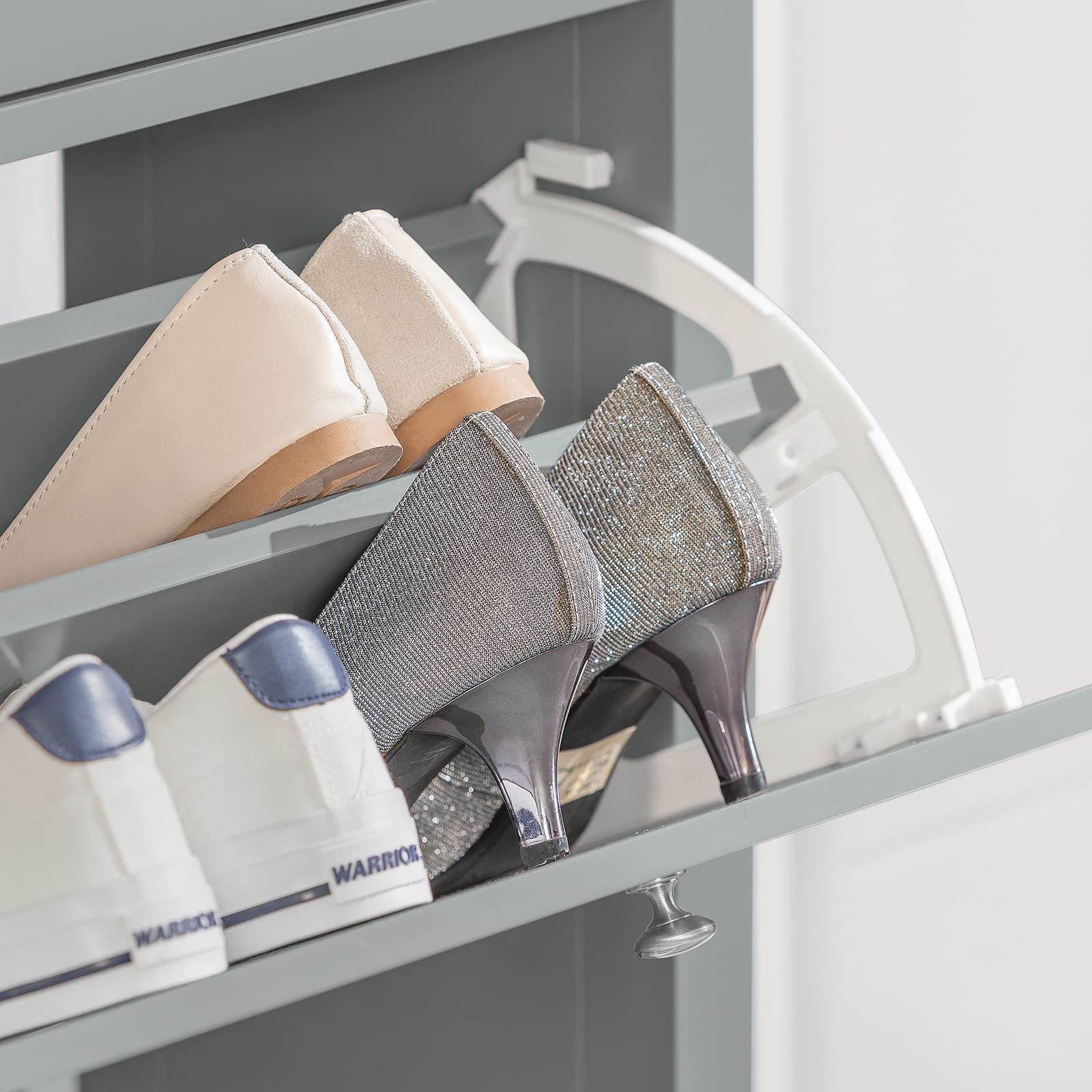 Haotian Narrow Shoe Storage Cabinet with 1 Drawer & 2 Flip Drawers - Grey Entryway Shoe Rack Organizer for Hallway, Living Room (31.5