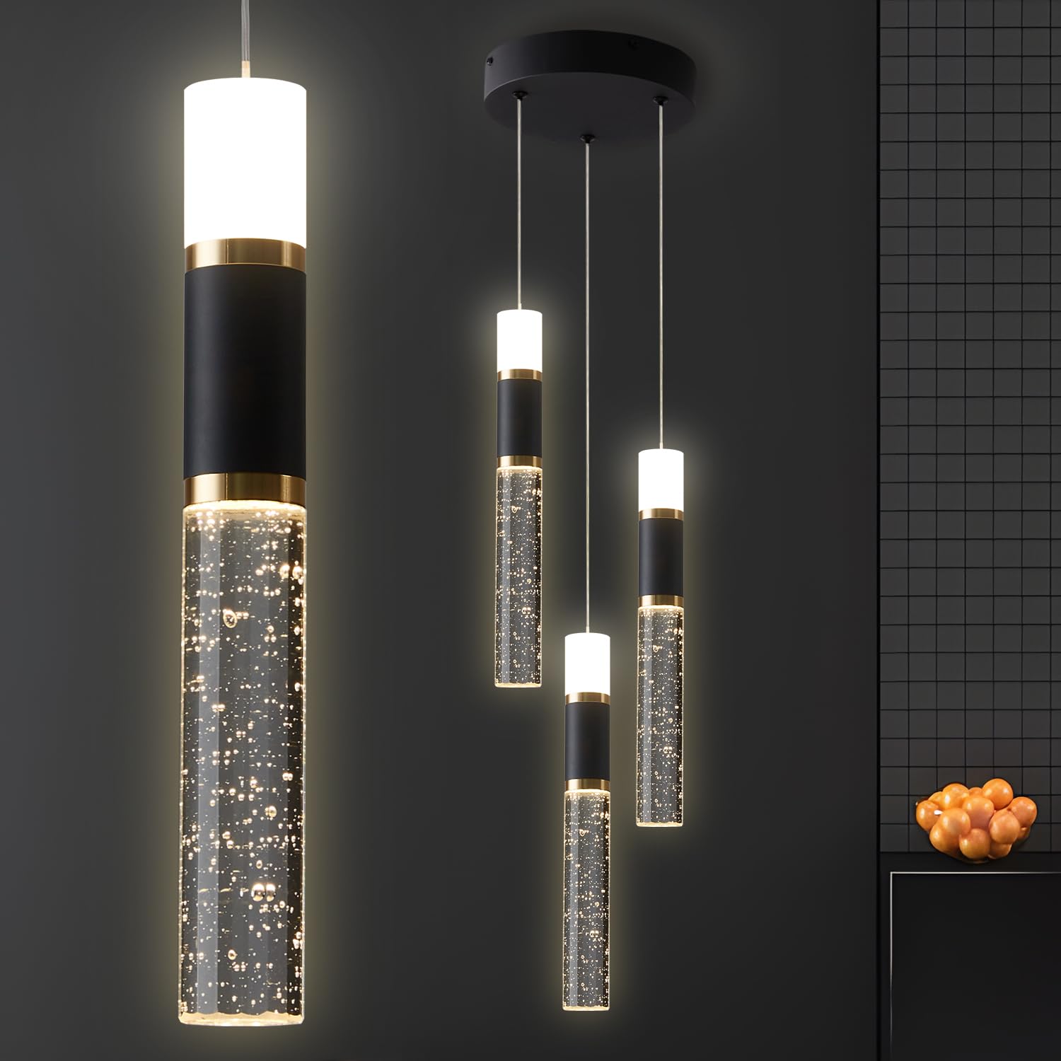 EMBRING 3-Light Modern LED Pendant Light Fixture - Dimmable with Remote Control, Black & Gold Mini Pendant Lighting for Kitchen Island - Perfect for Dining Rooms, Breakfast Bars & Contemporary Kitchens