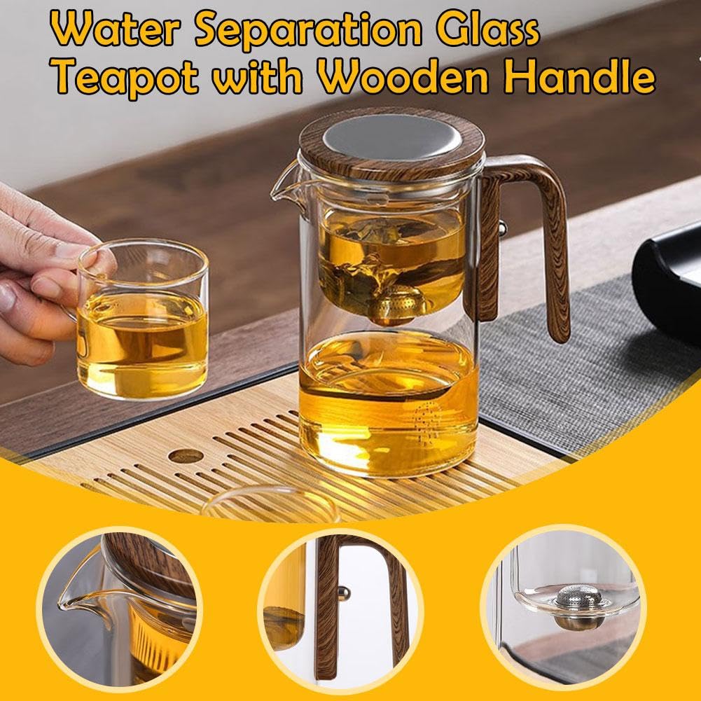 Enchanti Magic Tea Pot - Water Separation Glass Teapot with Wooden Handle, Press Control Loose Leaf Tea Infuser - Perfect for Witchcraft, Herbal Tea Brewing & Home Decor