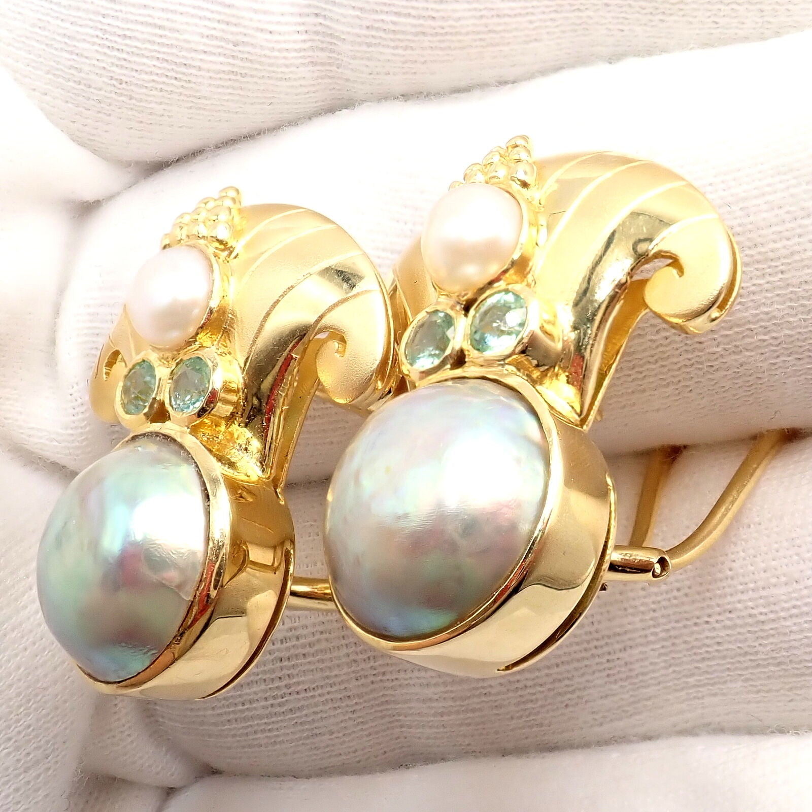 Exquisite Vintage Paula Crevoshay 18K Gold Abalone Pearl & Blue Gemstone Earrings - Unique Handmade Jewelry for Women - Perfect for Weddings, Anniversaries & Special Occasions