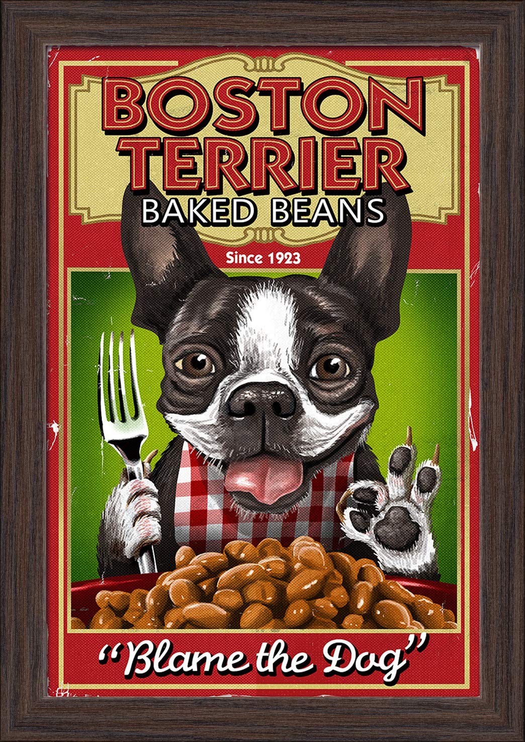 Vintage Boston Terrier & Baked Beans Ad Art Print - 12x18 Inch Giclee Fine Art Reproduction in Eco-Friendly Recycled Wood Frame (Espresso Brown) - Perfect for Kitchen Decor, Retro-Themed Rooms & Dog Lover Gifts