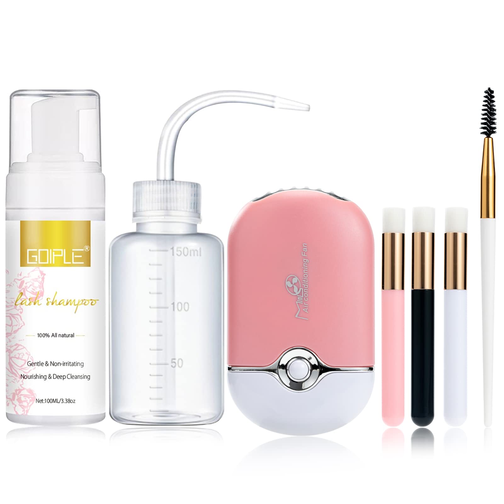 3.38OZ Eyelash Extension Cleanser & Lash Shampoo with USB Mini Portable Fan - Rechargeable Electric Handheld Cooling Fan & Lash Wash Brush Kit (Pink) - Perfect for Salon, Travel & Home Lash Care