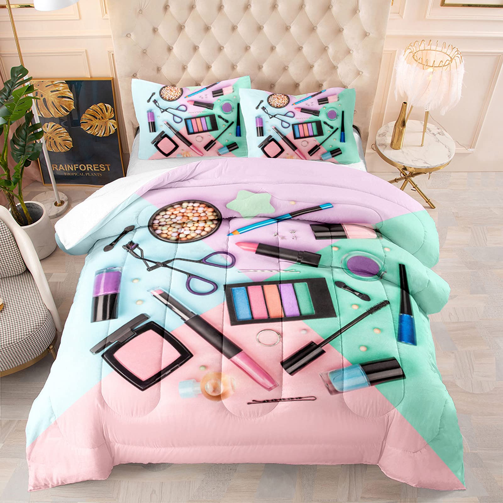 Modern Beauty Makeup Comforter Set for Full Bed - 1 Comforter + 2 Pillow Shams - Women's Cosmetic Themed Bedding for Girls & Teens - Perfect for Makeup Lovers' Bedroom Decor & Gift Ideas