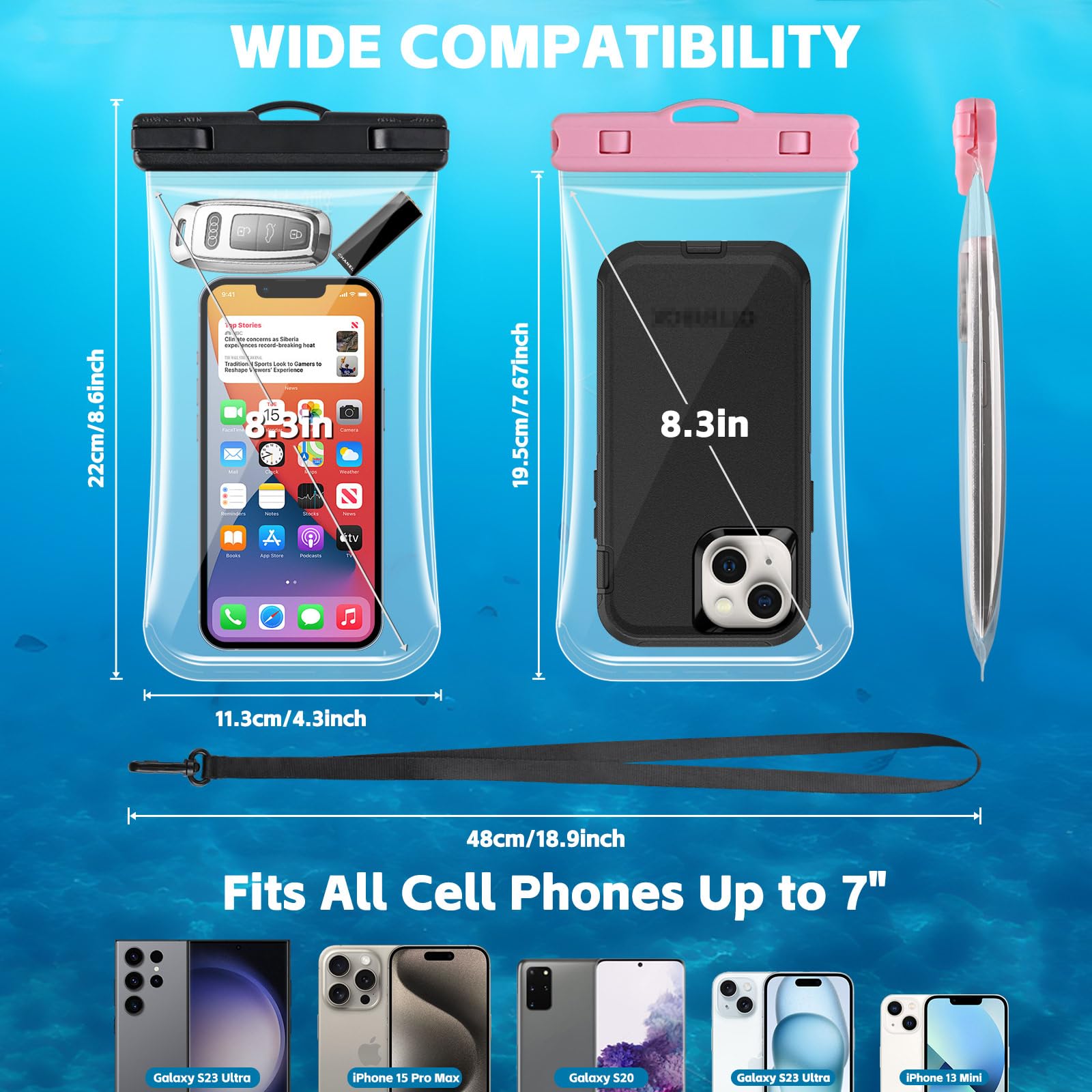 [2 Pack] IPX8 Waterproof Phone Pouch for iPhone 15/14/13 Pro Max & Samsung S24 (Up to 8.3