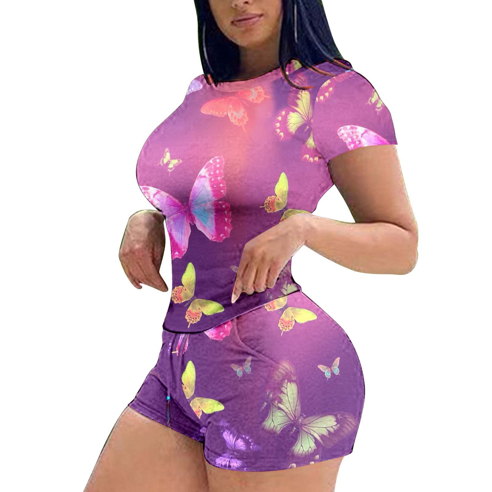 Women's Casual Summer Sports Outfit - Round Neck Printed Short Sleeve Top & Shorts Set | Purple Size S | Perfect for Beach, Pool, Gym & Outdoor Activities