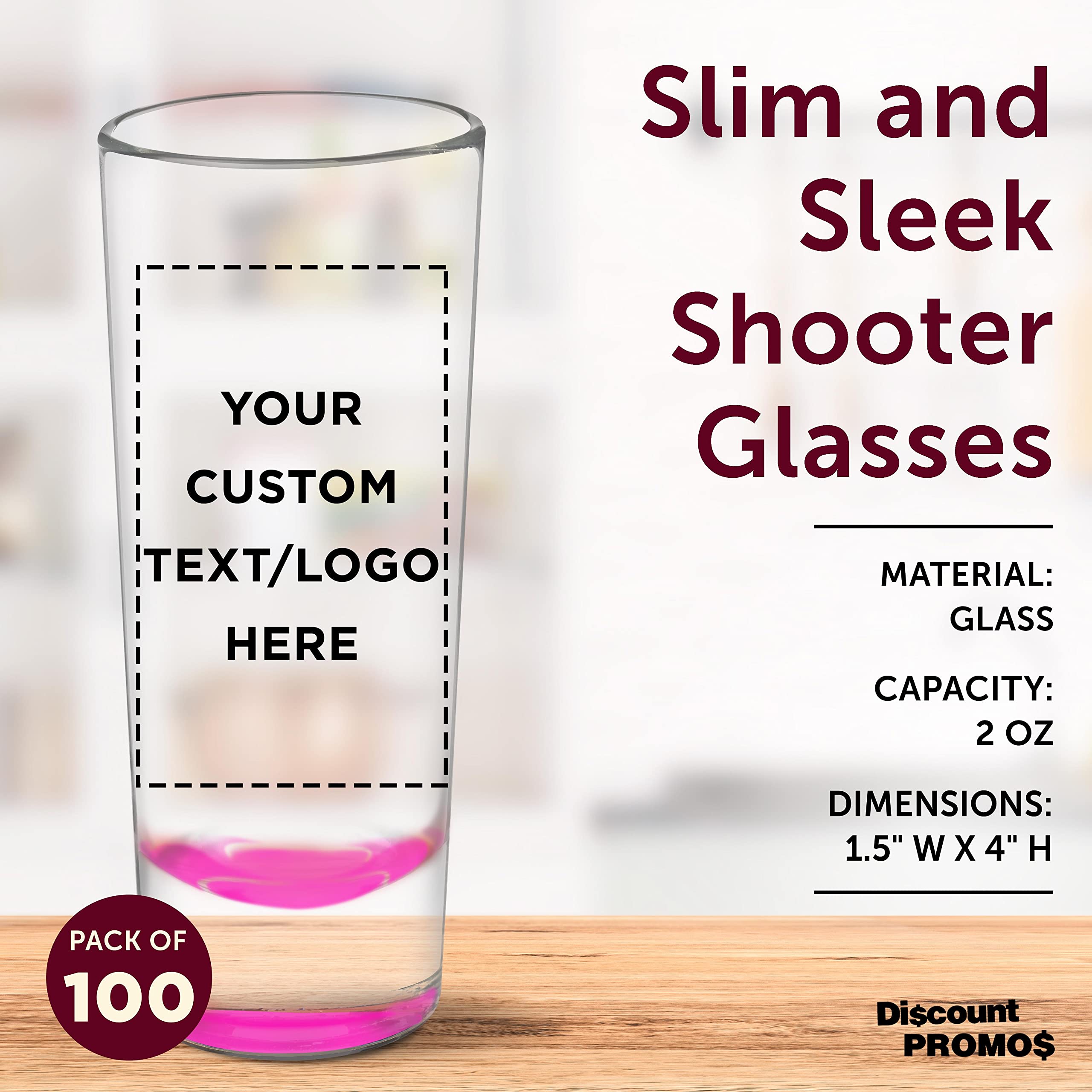 Custom 2 oz Cordial Shot Glasses - Bulk Set of 100 Personalized Pink Shooter Glasses for Parties, Weddings & Events - Perfect for Cocktails, Liquor Tasting & Bar Decor