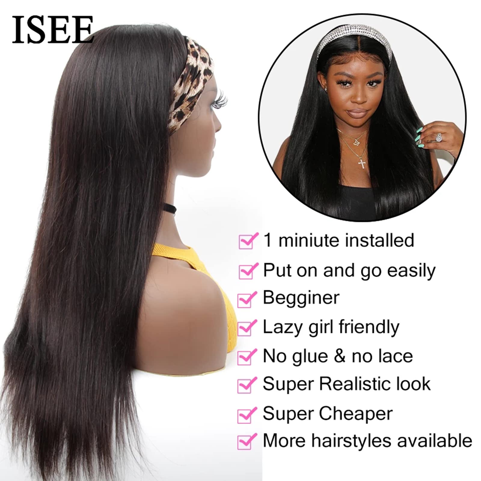 ISEE 10A Headband Wig Straight Human Hair Wigs for Black Women - 180% Density Brazilian Virgin Hair Machine Made Headband Wig, Non Lace Front Human Hair Wigs 24 Inch - Perfect for Daily Wear, Parties, and Special Occasions