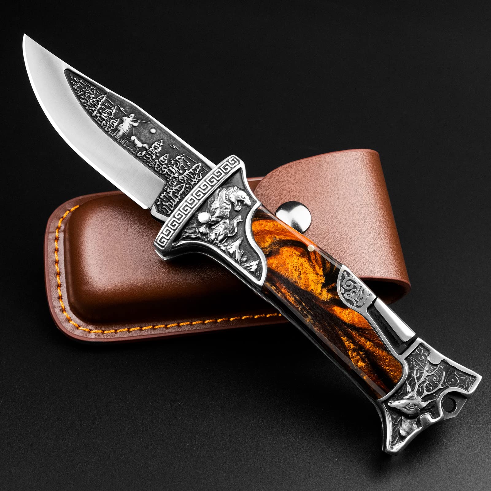 Premium NedFoss TIGER ROAR Folding Pocket Knife - 3.5 Inch Engraved Blade with Leather Holster - Unique Personalized Gift for Men & Women - Perfect for Camping, Hiking & Outdoor Adventures