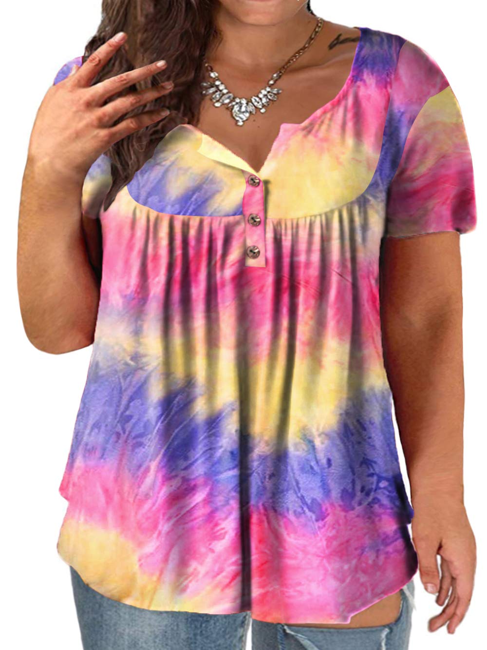 **Plus Size Women's Summer Henley Shirts - Flowy Tunic Tops for Casual Wear & Vacation Outfits**