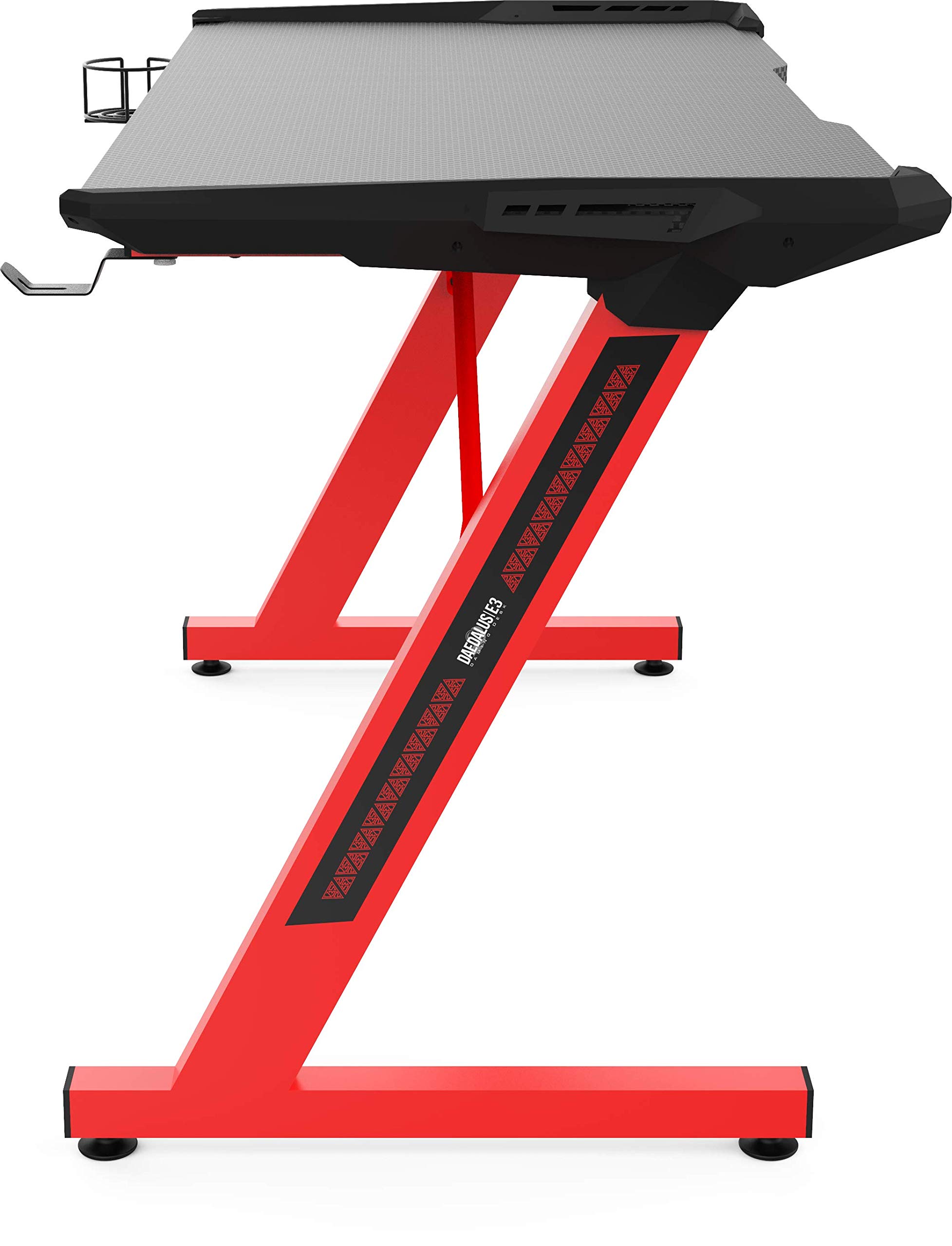 GAMDIAS Zeus Large Gaming Desk with Carbon Fiber Surface - Home Office Computer Table & Gamer Workstation with Cup & Headset Holder (Black/Red) - Perfect for PC Gaming Setup, Streaming & Remote Work