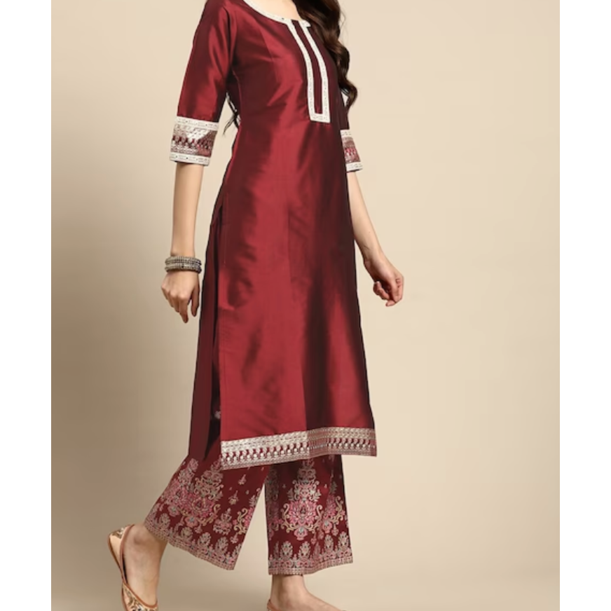 Elegant Maroon Kurta with Mirror Work & Printed Trousers Set - Indian Party Wear for Women | Perfect for Festivals, Weddings & Special Occasions