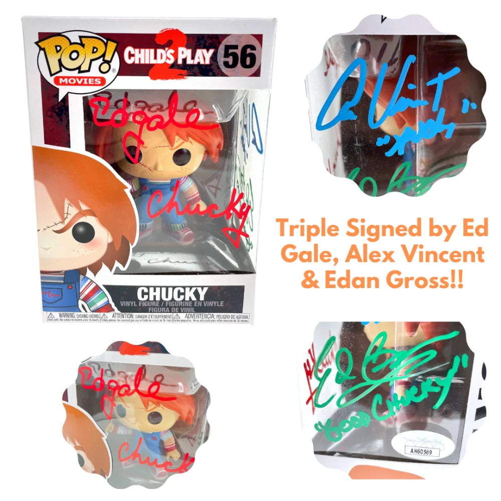 Chucky Funko Pop #56 Signed by Ed Gale, Alex Vincent & Edan Gross - JSA COA Authenticated - Child's Play Horror Collectible - Perfect for Horror Fans & Movie Memorabilia Collections