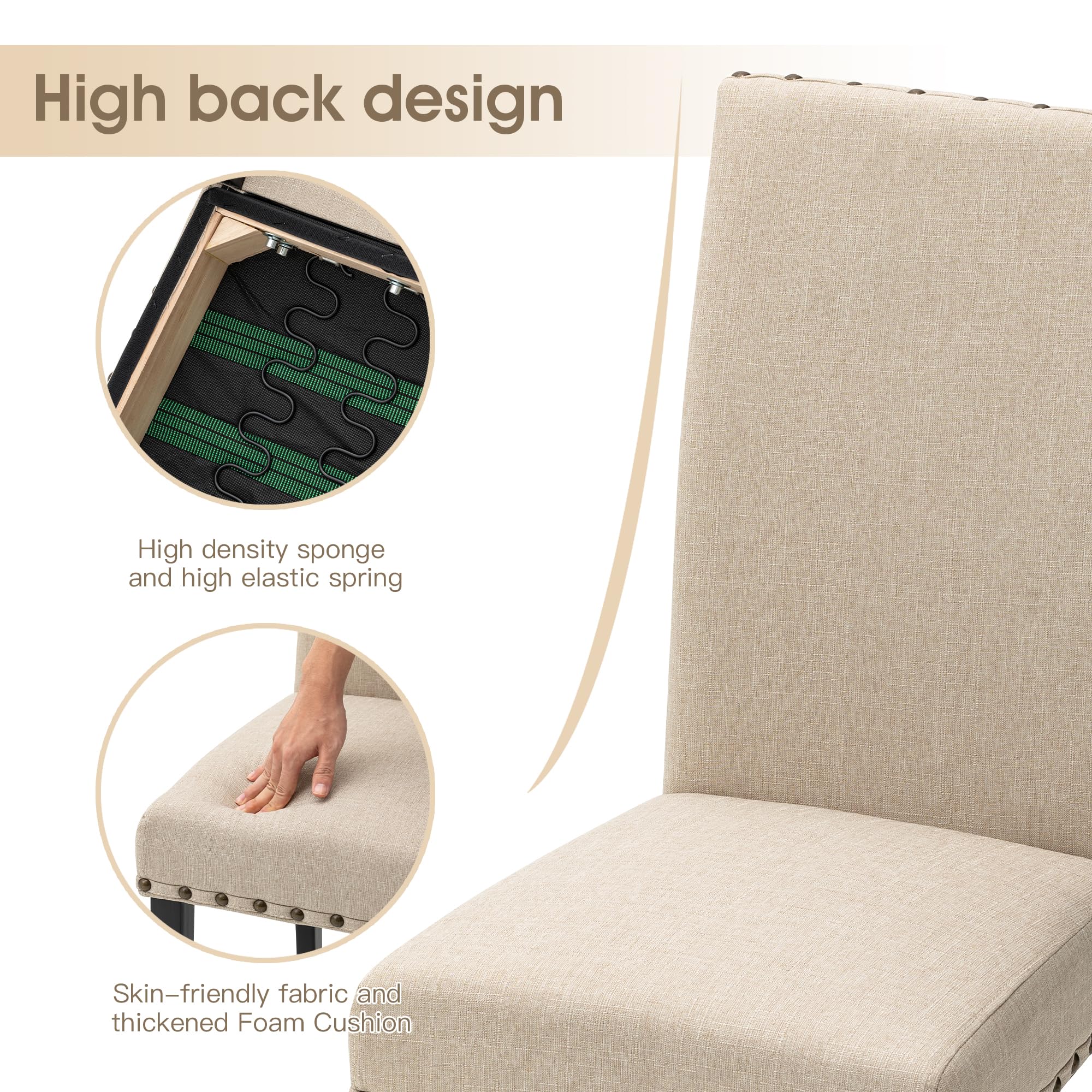 Glitzhome 2 Pack Upholstered Fabric Dining Chairs - Rubber Wood Frame with Studded Decor, Beige Upholstery for Kitchen, Living Room & Home Decor | Comfortable Seating for Dining, Entertaining & Relaxing
