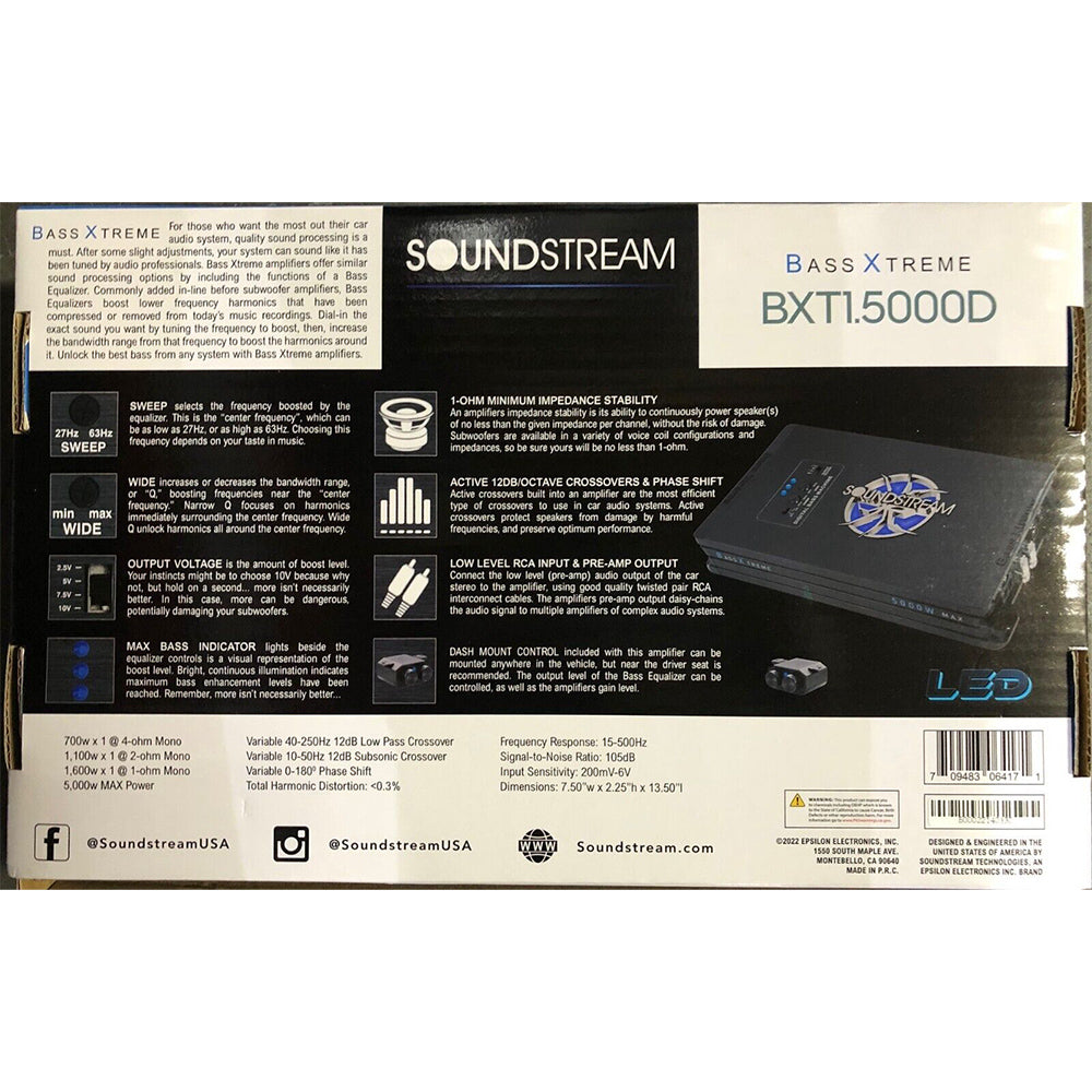 Soundstream BXT1.5000D 5000W High Power Digital Mono Car Amplifier with Bass Boost - Perfect for Car Audio Systems, Subwoofers & Bass Enhancement
