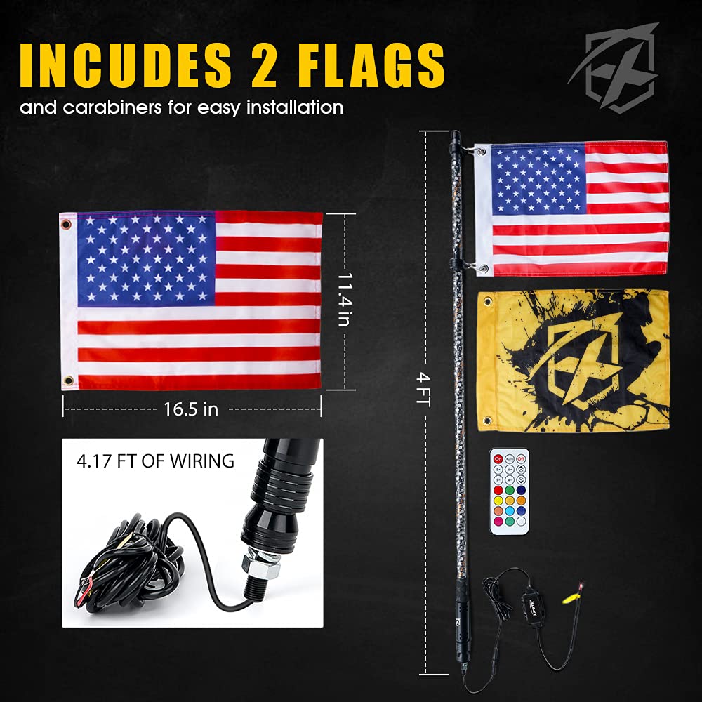 Xprite 4FT Spiral RGB LED Whip Light with RF Remote - Waterproof ATV/UTV Light Bar for Polaris RZR XP 1000, Can Am Maverick X3, Yamaha | Flag Dancing Chase Lights for Off-Road Adventures, Night Riding & Desert Racing