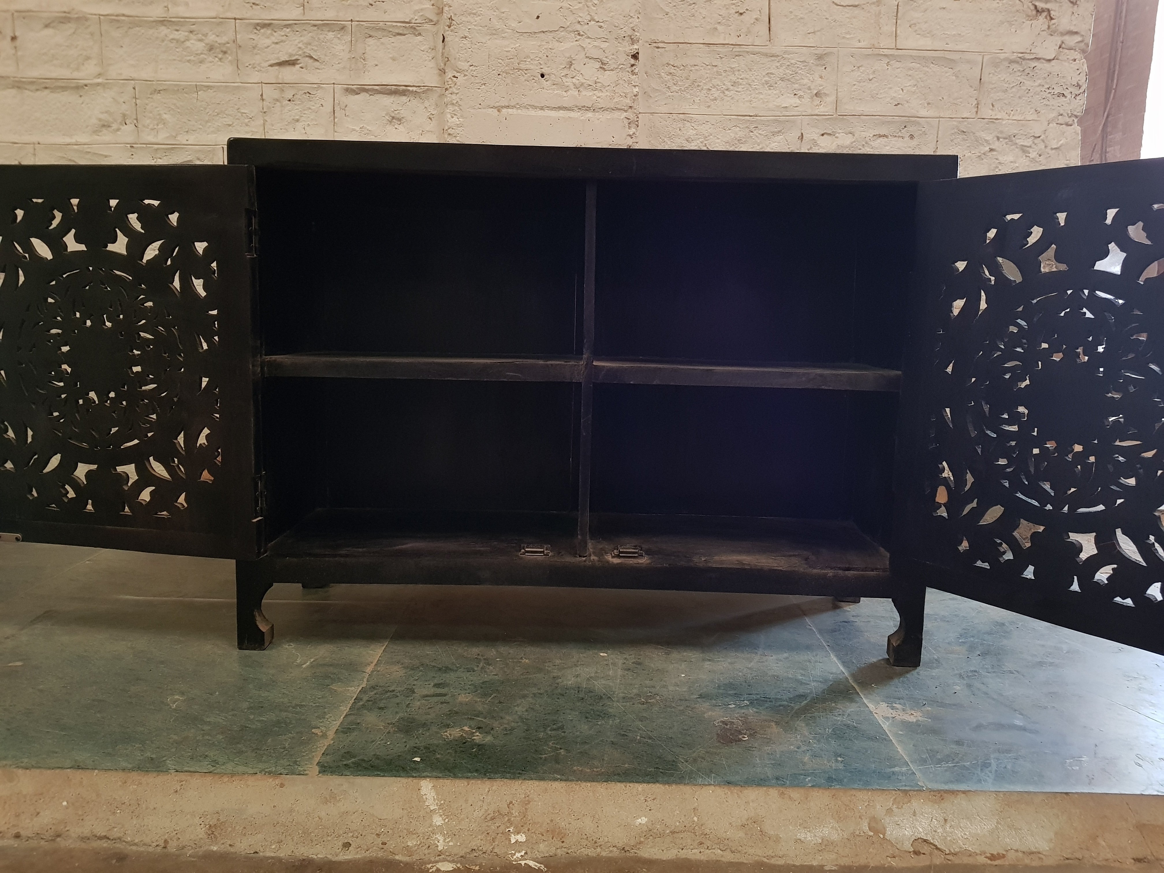 Hand Carved Indian Solid Wood Small Buffet Sideboard - Traditional Dynasty Style for Dining Room, Living Room & Entryway Storage
