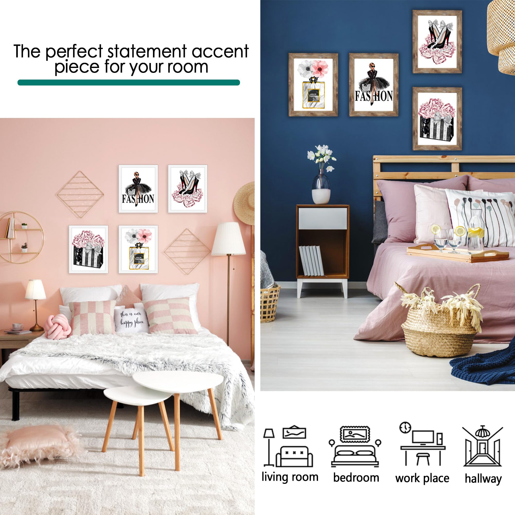 Stylish Pink and Gray Fashion Wall Art Prints - 8x12'' Unframed Canvas Decor for Bedroom, Living Room & Office | Perfume, High Heels & Floral Design Aesthetic