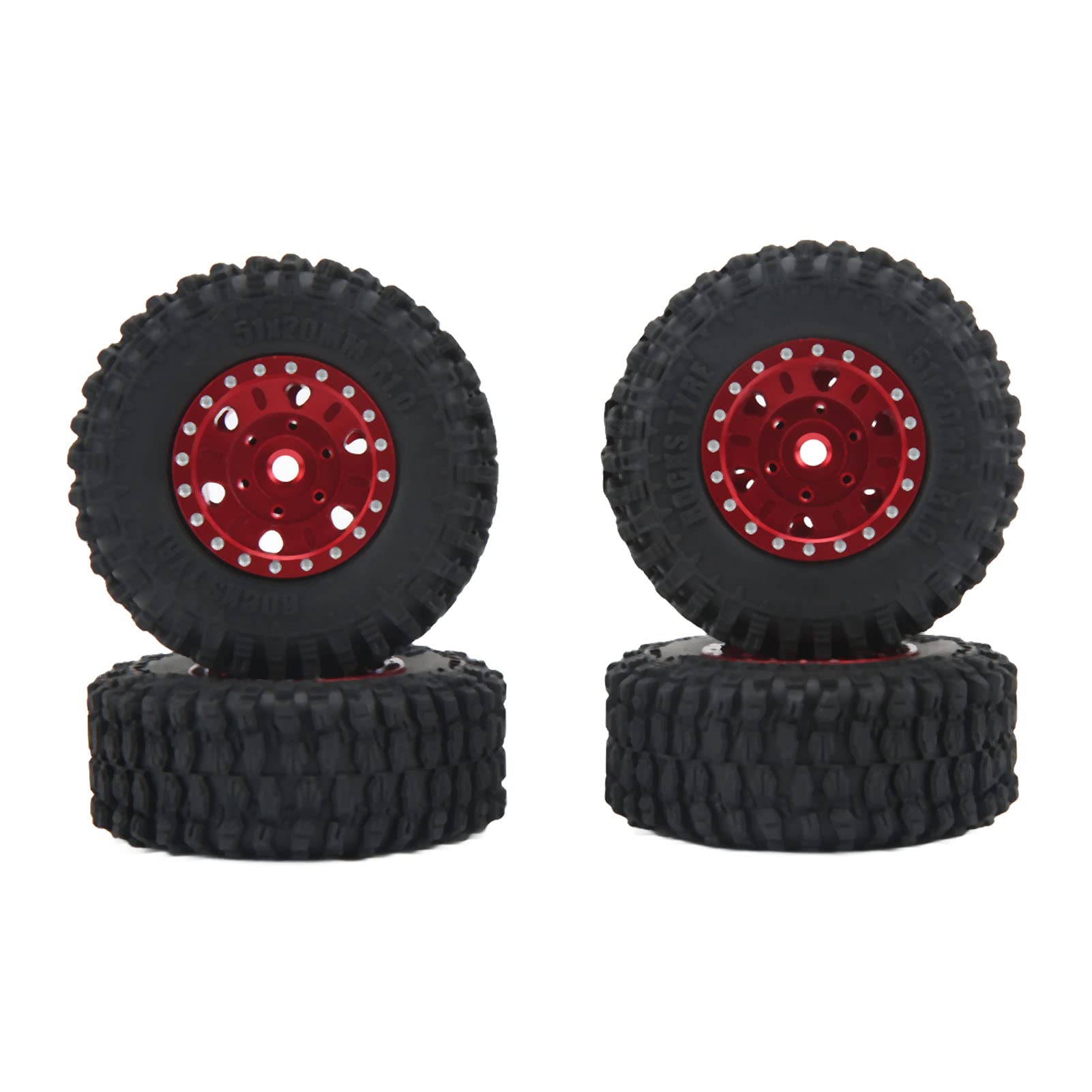 SPYMINNPOO 4pcs 1/24 Scale RC Car Tires - Rubber Tires with Aluminum Alloy Rims for 1/24 RC Cars, Strong Cushioning Wheels (Red) - Perfect for Off-Road Racing, Drifting and RC Car Upgrades