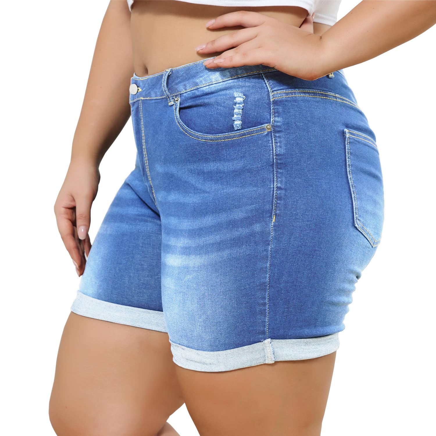 Plus Size Women's Ripped Denim Shorts - High Waisted Stretchy Jean Shorts with Folded Hem | Perfect for Summer Outfits, Casual Wear & Beach Vacations