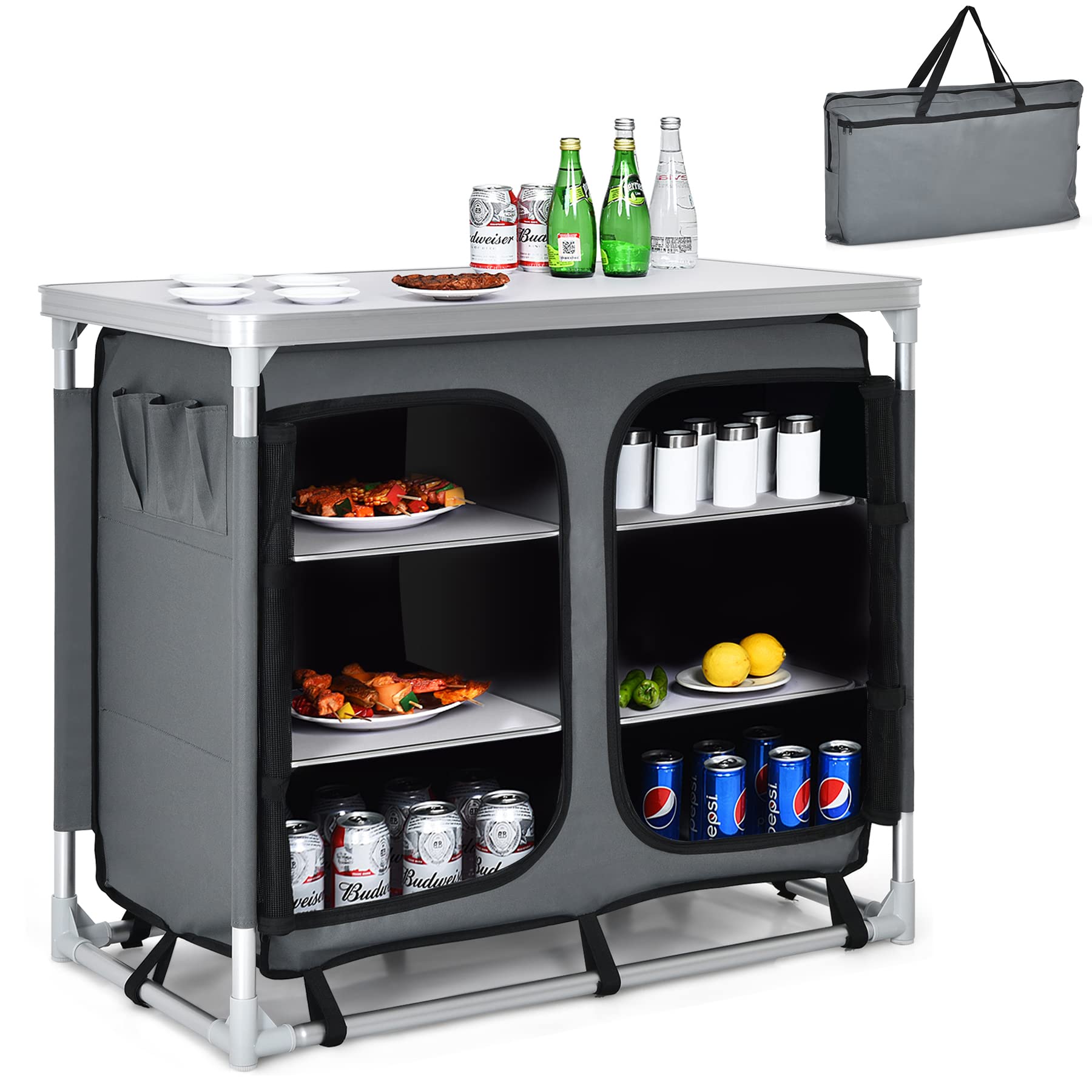 Giantex Portable Aluminum Camping Cook Table with Storage Organizer & Carrying Bag - Outdoor BBQ Kitchen Station for Picnics, Tailgating, Backyard Parties & Camping Trips (Grey)
