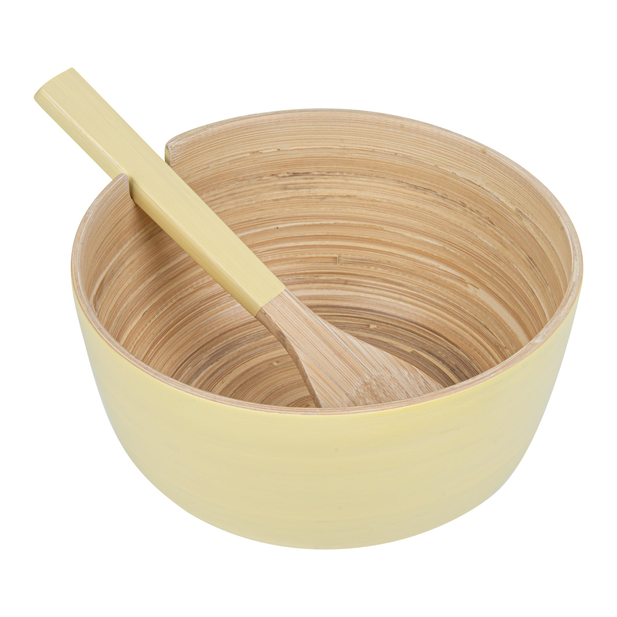 Bambuddha 25 oz Round Cream Spun Bamboo Serving Bowl with Spoon - 7.75