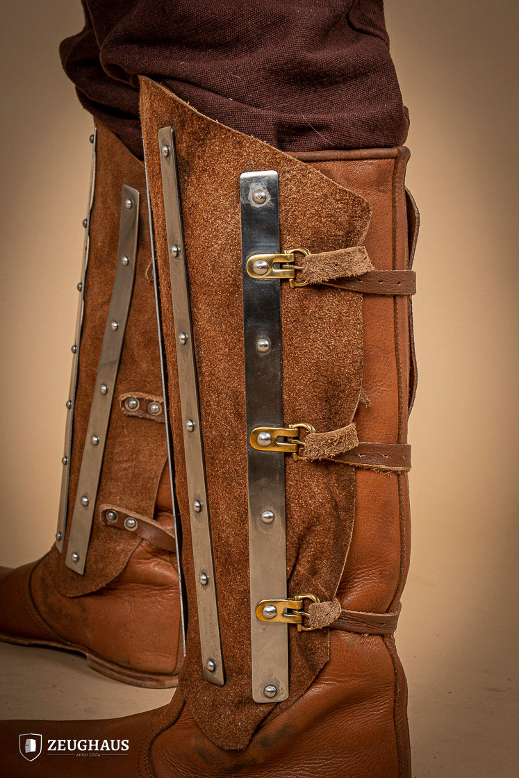 Premium Brown Suede Leather Greaves with Splints - Medieval Armor for LARP, Cosplay & Renaissance Fairs - Perfect for Knights & Warriors