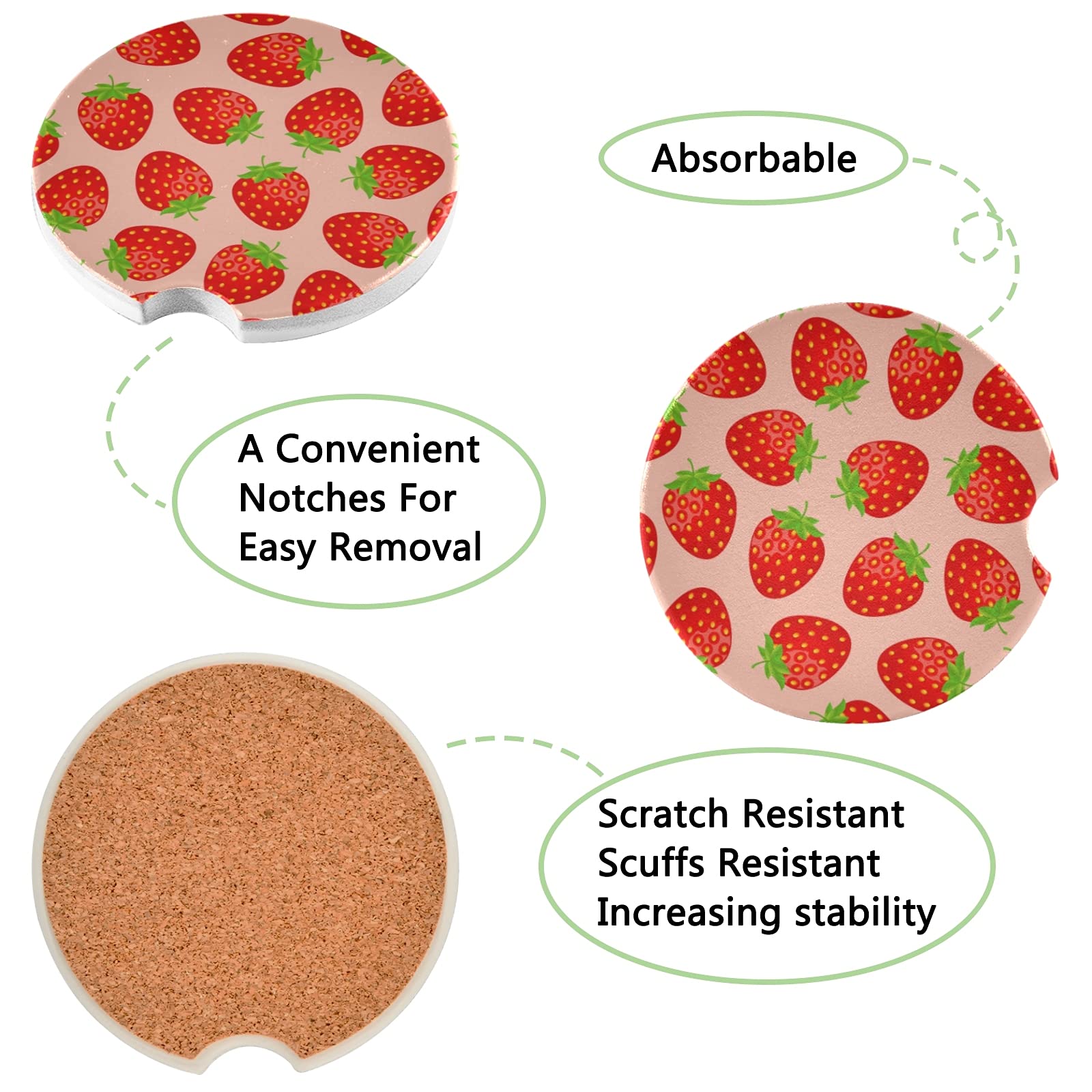 2 Pack Absorbent Ceramic Strawberry Car Coasters with Fingertip Grip, 2.5 Inch Multicolor Cup Holder Coasters for Drinks - Perfect for Car, Office, and Home Use