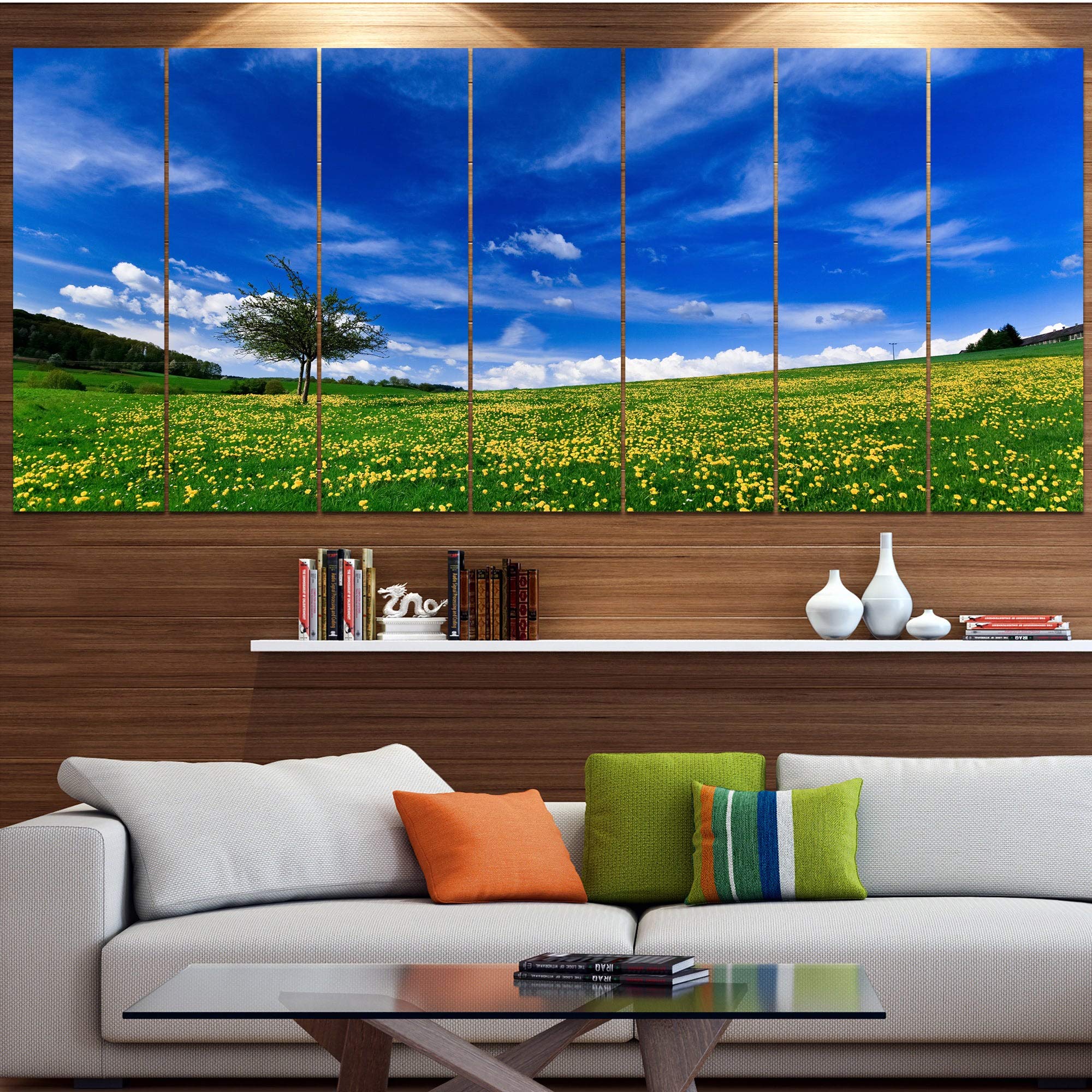 DESIGN ART 'Spring Landscape Green Fields' Canvas Wall Art Print - 70x28 Inches, 6-Panel Landscape Painting for Living Room, Bedroom & Office Decor