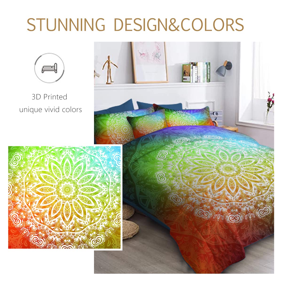 BlessLiving Mandala Twin Bedding Sets - Bohemian 8-Piece Bed in a Bag with Comforter & Sheets (Twin, Neon Green/Red/Blue) | Perfect for Boho Bedroom Decor, Dorm Room Essentials & Hippie Style Home