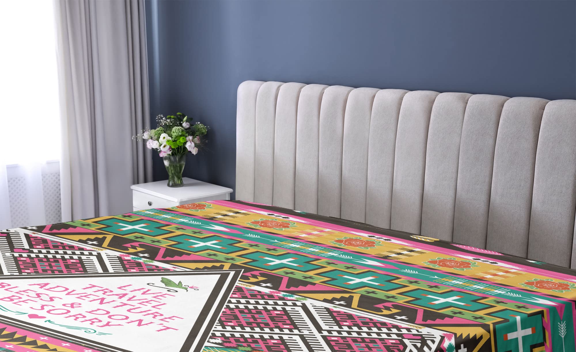 Ambesonne Ethnic Fitted Sheet - Queen Size Bohemian Geometric Print Bedding with Deep Pocket, Pink & Brown Folkloric Design - Perfect for Boho Bedrooms, Guest Rooms & Airbnb Stays