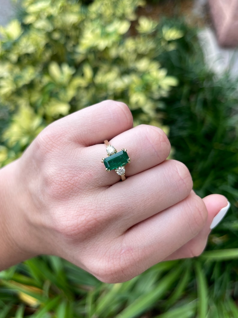 2.78tcw 18K Gold Natural Emerald Cut & Brilliant Round Diamond Three Stone Ring - Deep Dark Alpine Green Gemstone Jewelry for Engagement, Wedding & Anniversary Gifts