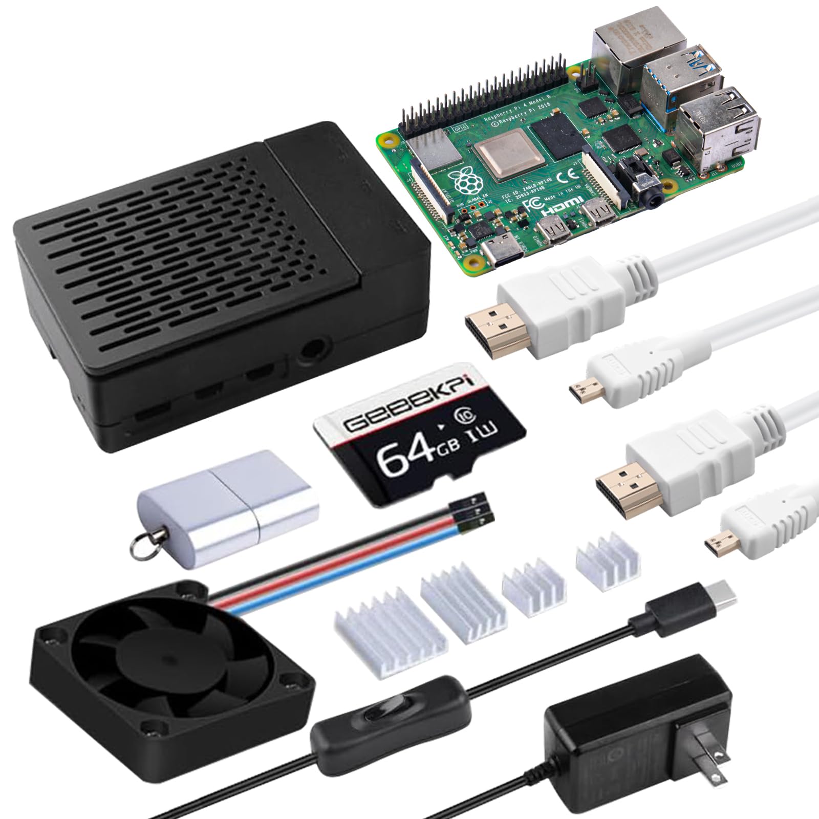 GeeekPi Raspberry Pi 4 4GB Starter Kit - Includes Pi 4 Board, Protective Case, 64GB MicroSD Card, Card Reader, HDMI Cables & 18W USB-C Power Adapter - Perfect for DIY Projects, Home Automation & Coding Education