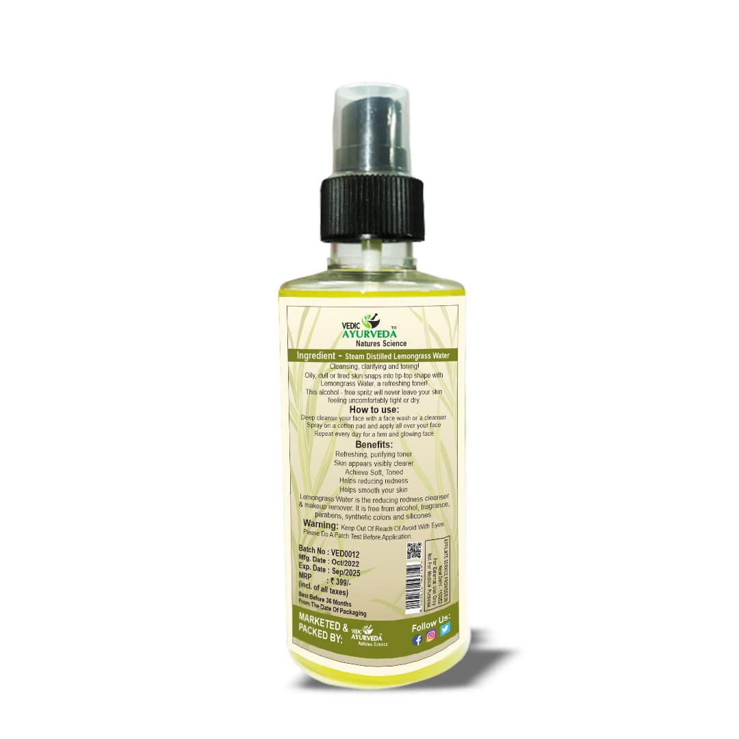 VEDICAYURVEDA Lemongrass Hydrosol Facial Toner - 200ml Natural Skin Care for Acne & Pimple Control, Oil Balancing, Pore Minimizing for Men & Women | Perfect for Daily Skincare Routine & Post-Shave Soothing