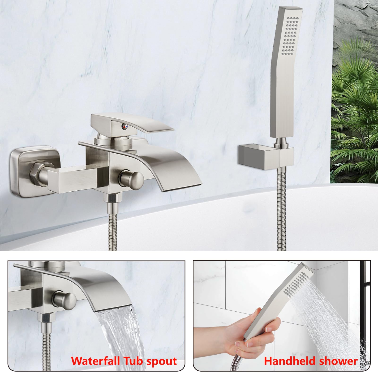 Midanya Wall Mount Bathtub Faucet with Handheld Shower - Brushed Nickel Single Handle Waterfall Tub Filler - Commercial Grade Bathroom Mixer Tap with Curved Spout & Hand-Shower System | Perfect for Spa-Like Bathing Experience & Modern Bathroom Decor