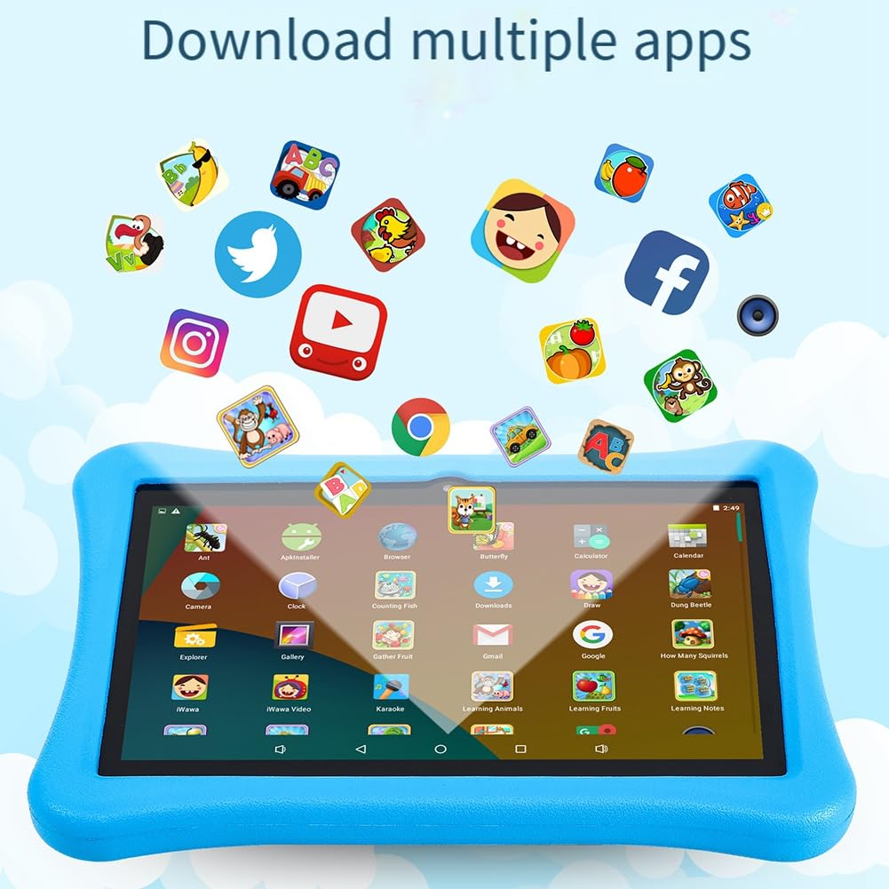 10 Inch Kids Tablet with Android OS, 4GB RAM 64GB Storage - Parental Control & Learning Apps - Blue EVA Case - US Plug - Perfect for Homeschooling & Educational Games