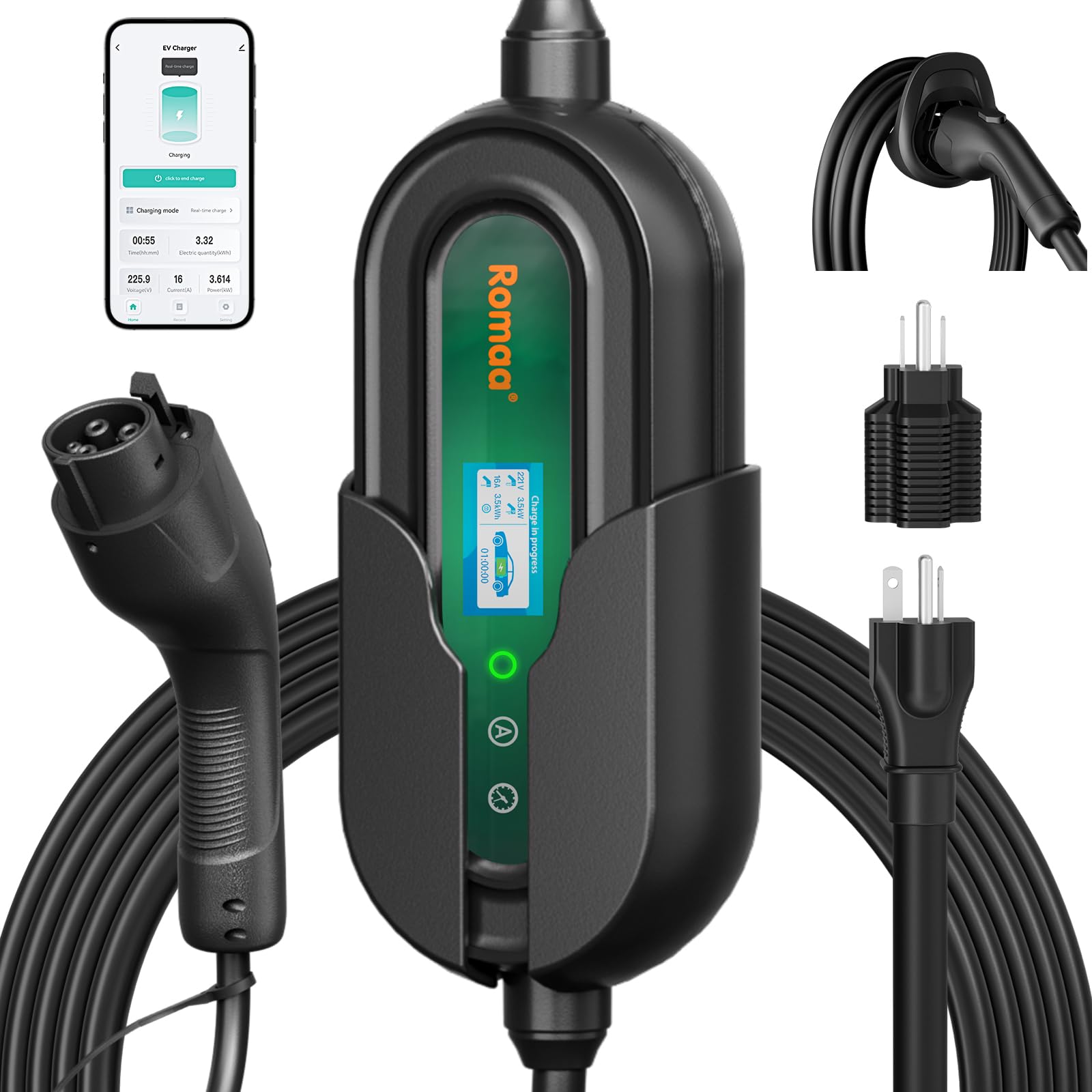 Smart Level 1/2 EV Charger with APP Control - 16A 110V-240V NEMA 6-20 & 5-15 Plug - 25FT J1772 Cable - Portable Electric Vehicle Charging Station - ETL & FCC Certified - Perfect for Home, Office & Travel Use