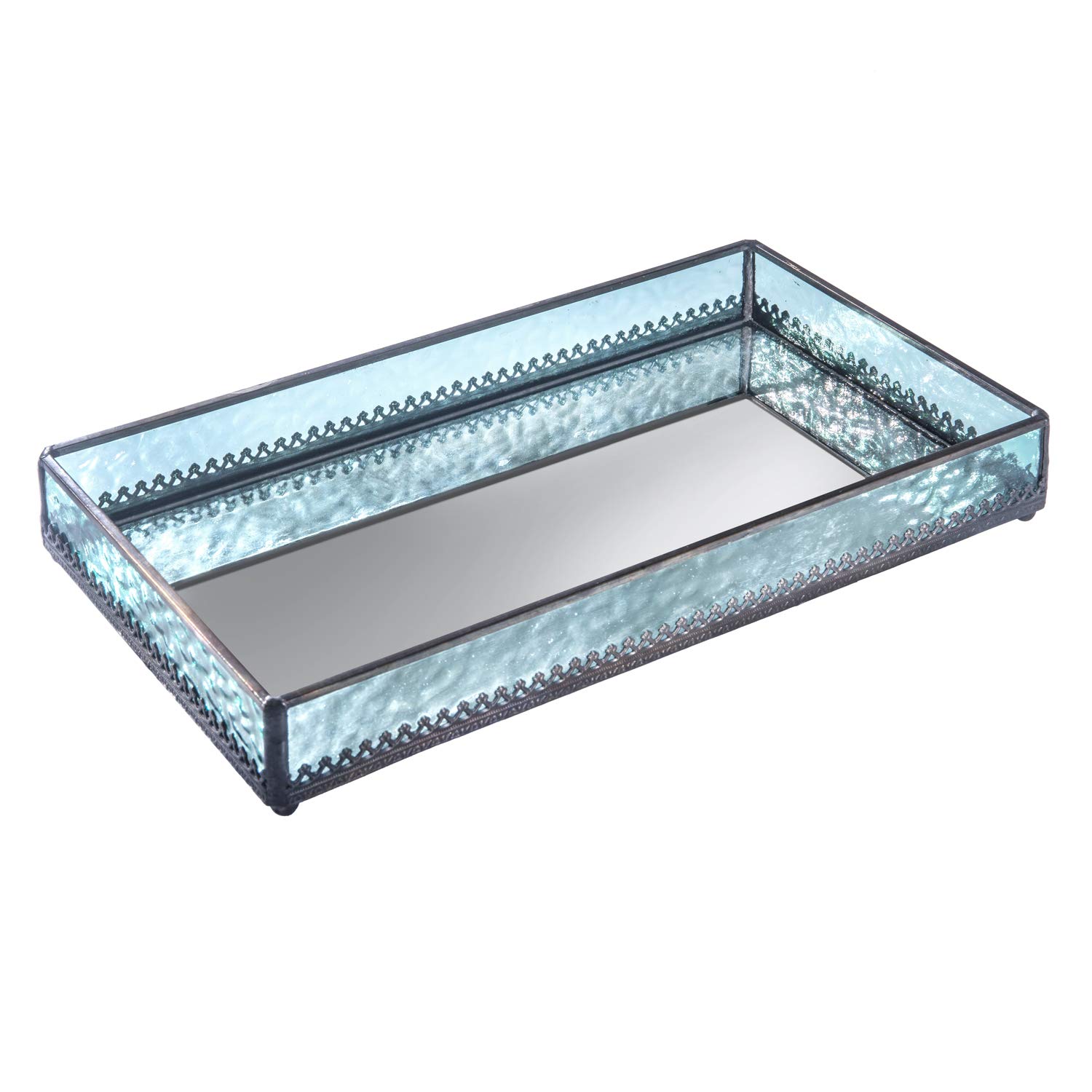 Turquoise Blue Glass Tray with Mirrored Bottom - Jewelry & Makeup Organizer for Bathroom Vanity & Dresser