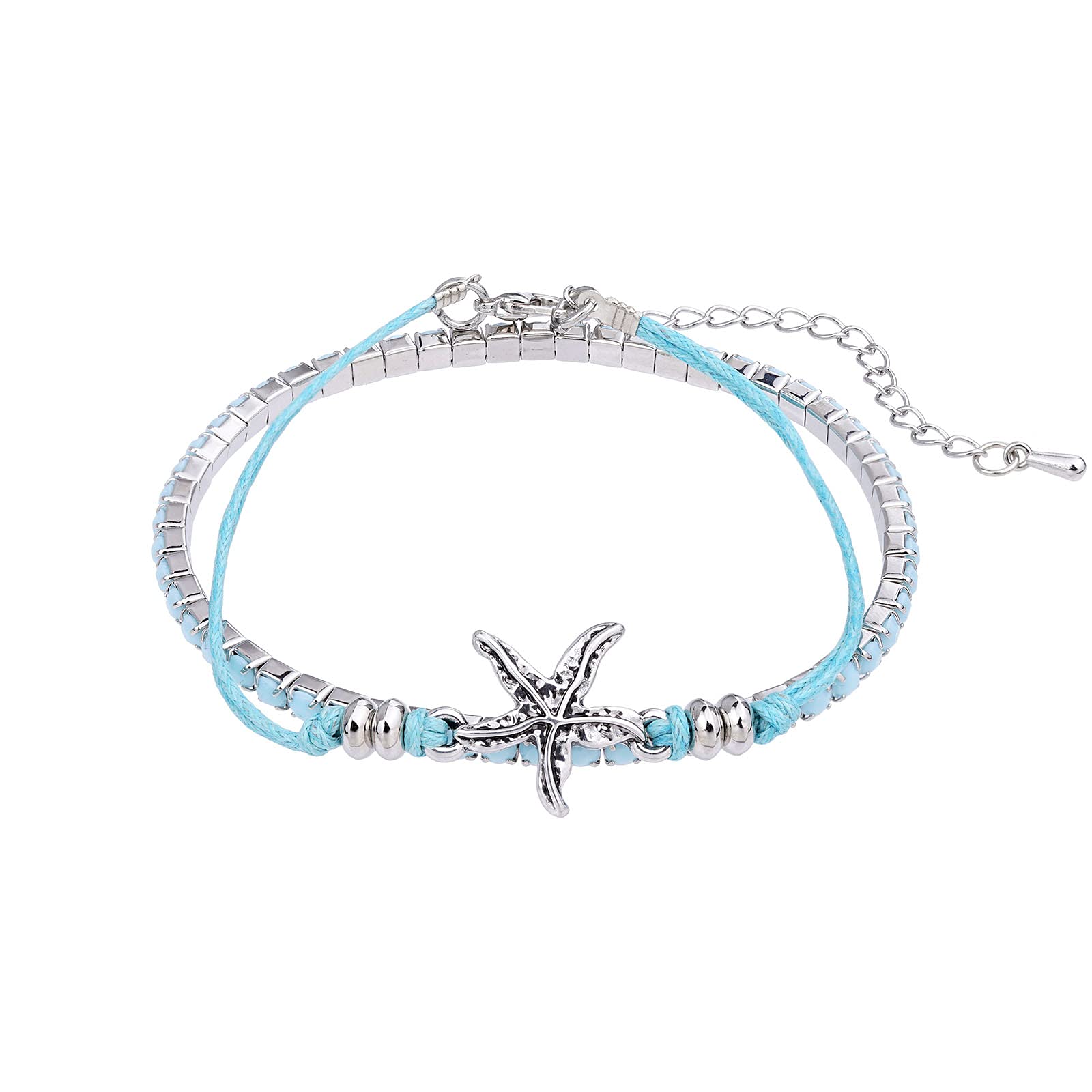 Boho Beach Bracelets for Women - Adjustable Starfish, Turtle & Conch Shell Anklets with Turquoise Beads | Stretch Foot Jewelry for Summer Vacation, Pool Party & Beach Wedding Accessories