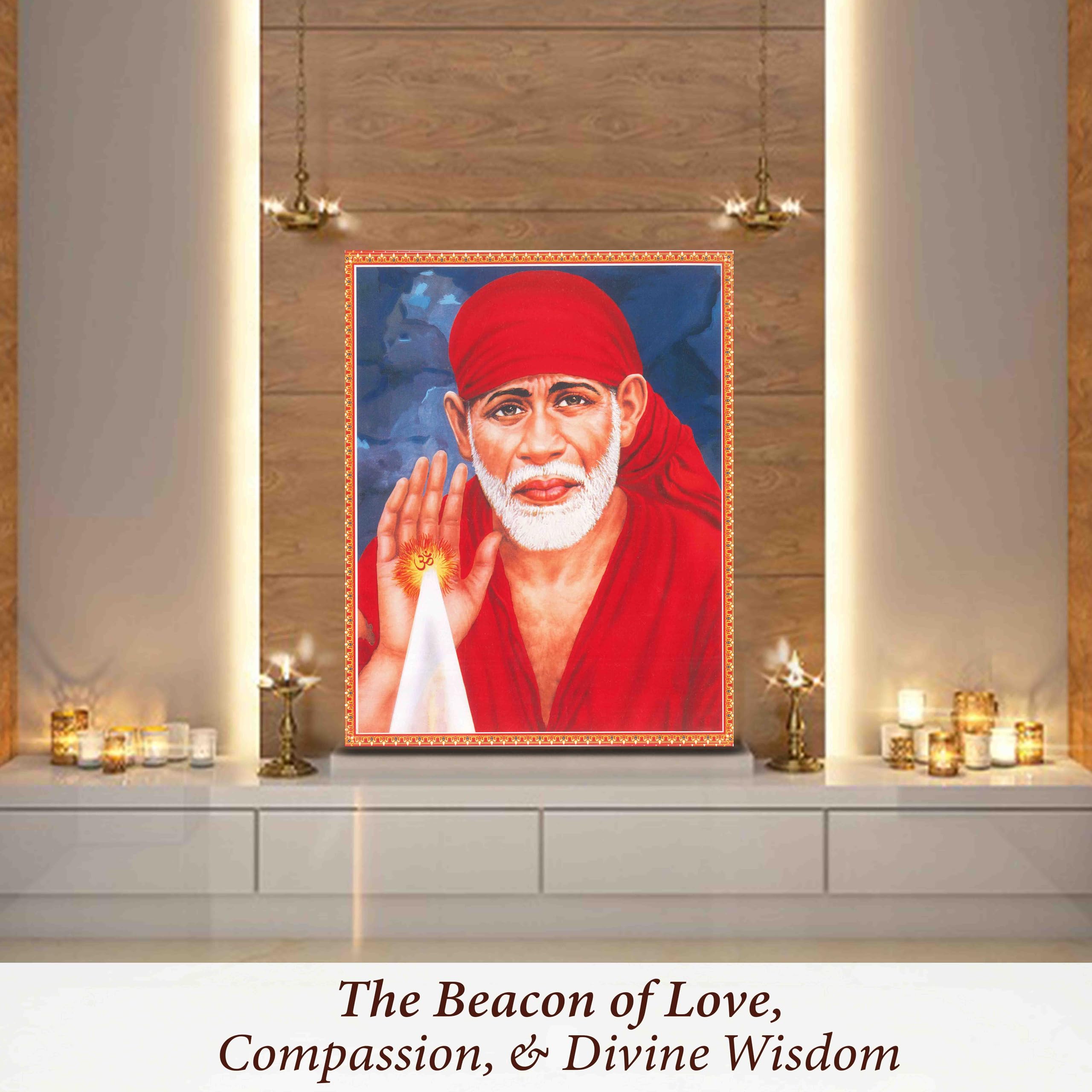 12x9 Inch Sai Baba Poster Frame - Hindu Wall Decor for Living Room, Home Office & Pooja Room - Red Robe Blessing Art Print - Perfect for Spiritual Decor & Meditation Spaces
